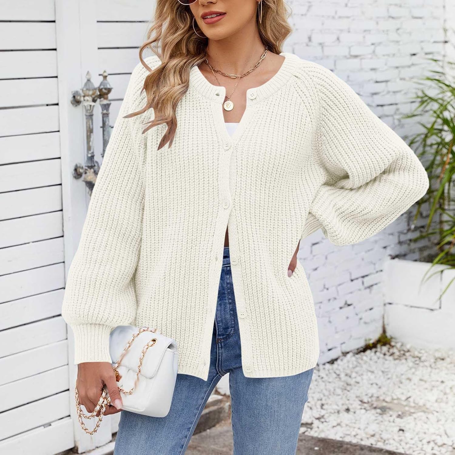 Women's Button Front Knit Cardigan Round Neck Casual Loose Sweater