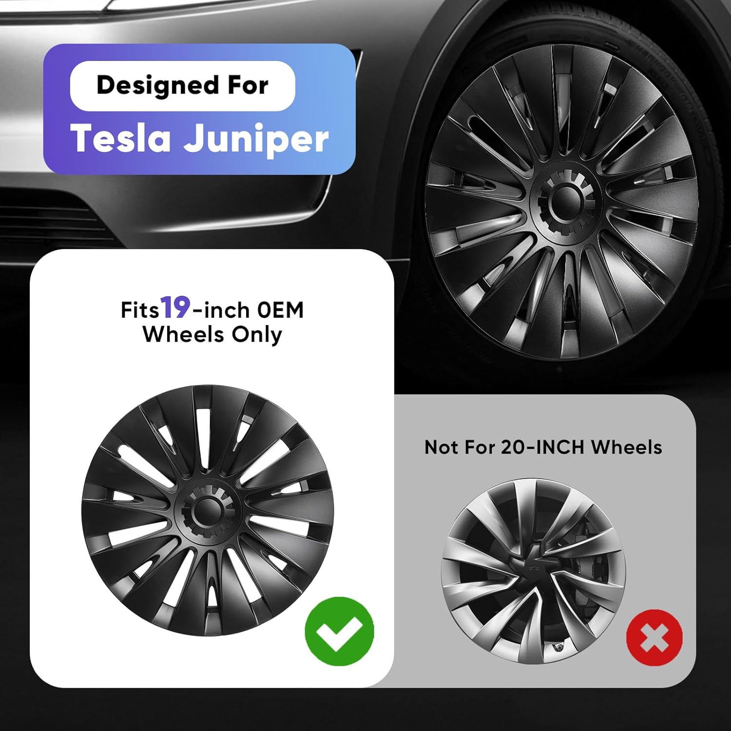 Wheel Covers Compatible with Tesla Model Y (Juniper) 2025–2026, 19-Inch Hubcaps – AeroSport C Style, Matte Black, with Center Caps, Easy Clip-On Installation, 4PCS(Refreshed Juniper Only)