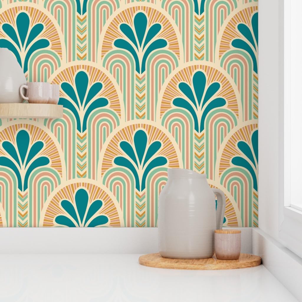 Spoonflower Removable Wallpaper Swatch - Beach Art Deco Vintage Retro Pastel Fan Colorful Teal Orange Custom Pre-Pasted Wallpaper