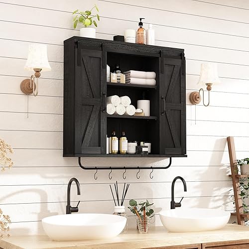 Vista 22 de RUSTOWN Armario de almacenamiento de pared de madera rústica con dos puertas correderas de granero, armario decorativo de 3 niveles para cocina