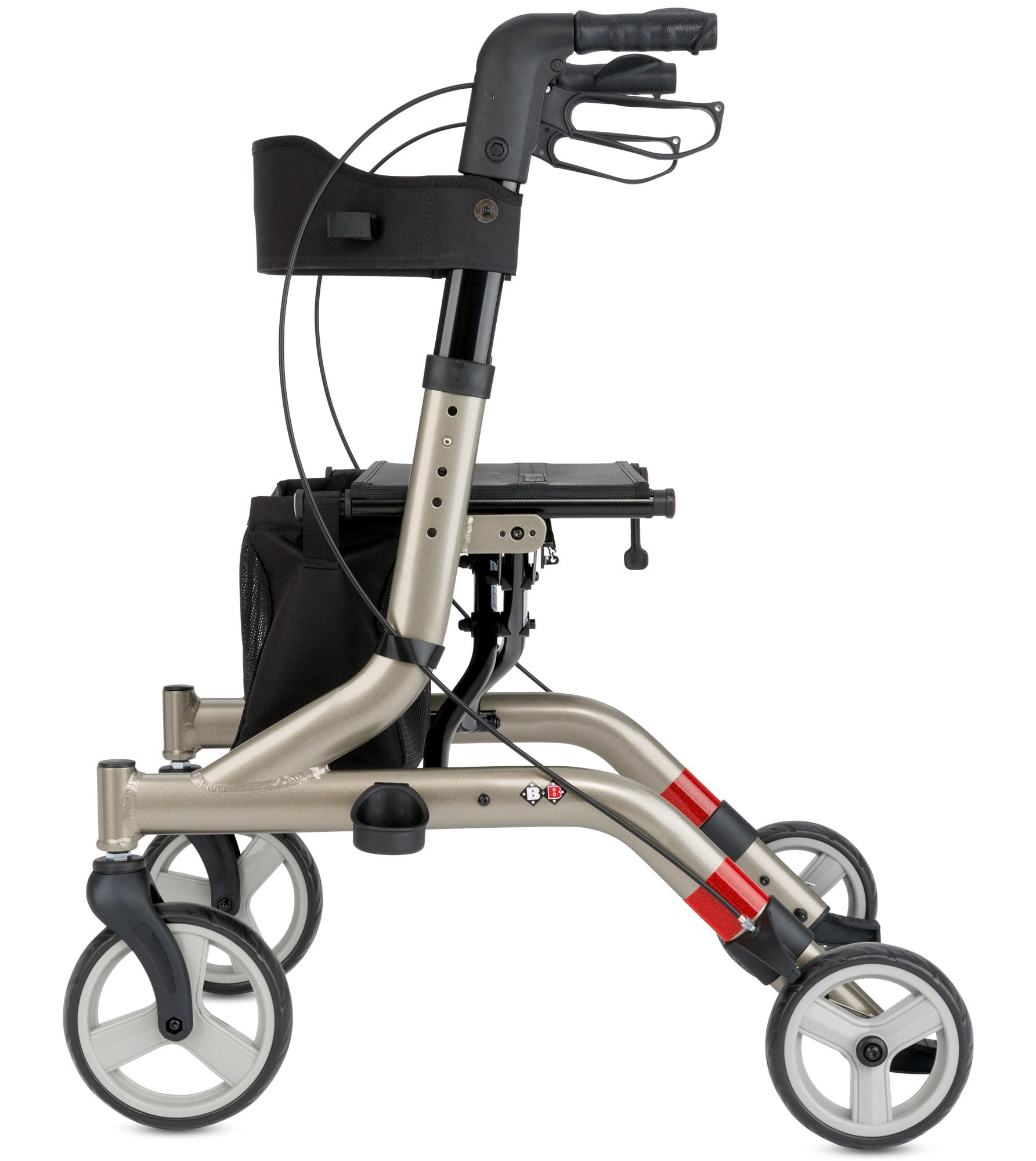 Bischoff & Bischoff Capero Rollator, faltbar – Leichtgewicht-Rollator für drinnen und draußen, Gehwagen mit Rücken-Gurt, Stockhalter und abnehmbarer Netz-Tasche, Platin