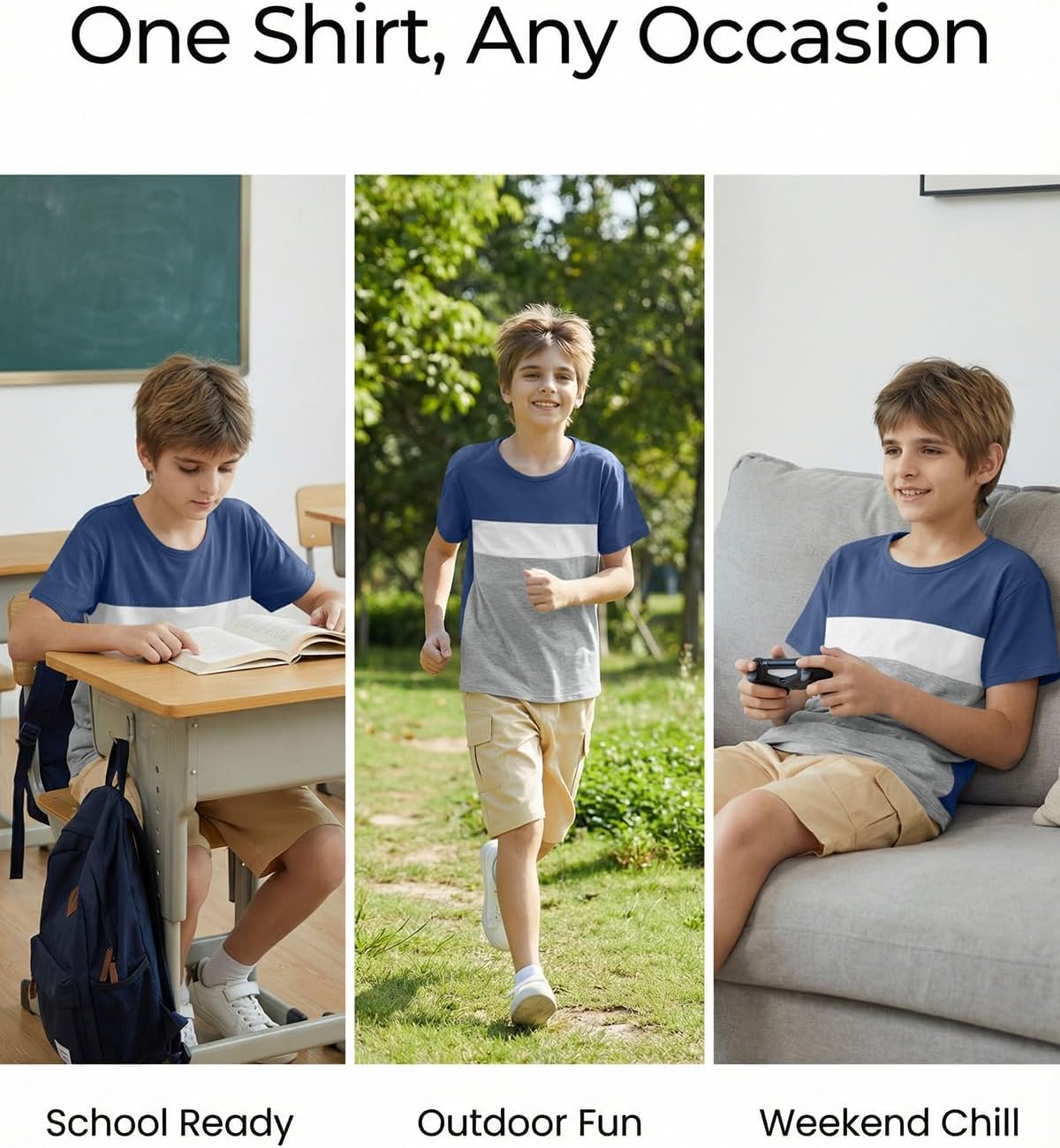 Boys Short Sleeve Crewneck T-Shirts Kids Casual Color Block Basic Tees Tops 5-14 Years