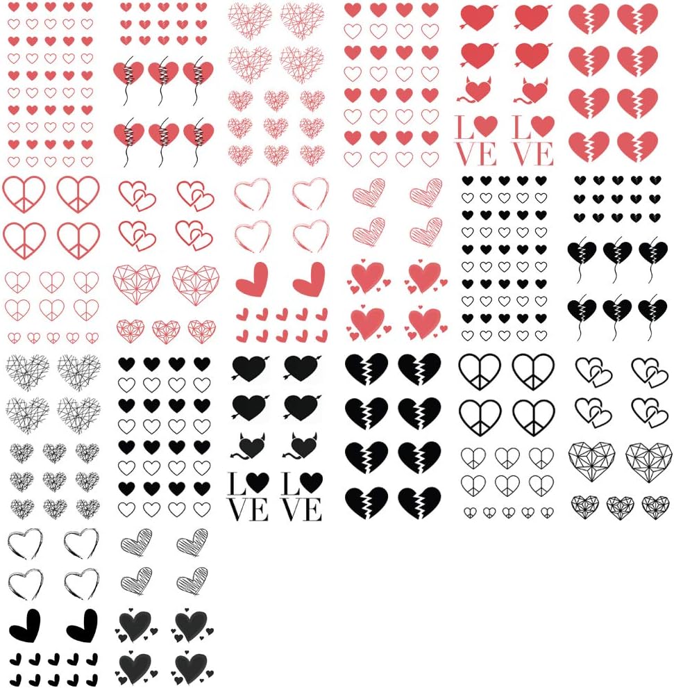 Everjoy Red Black Love Hearts Temporary Tattoos 15 Designs 2 Colors 360 Patterns, Waterproof Valentines Decal Tattoo Stickers for Women