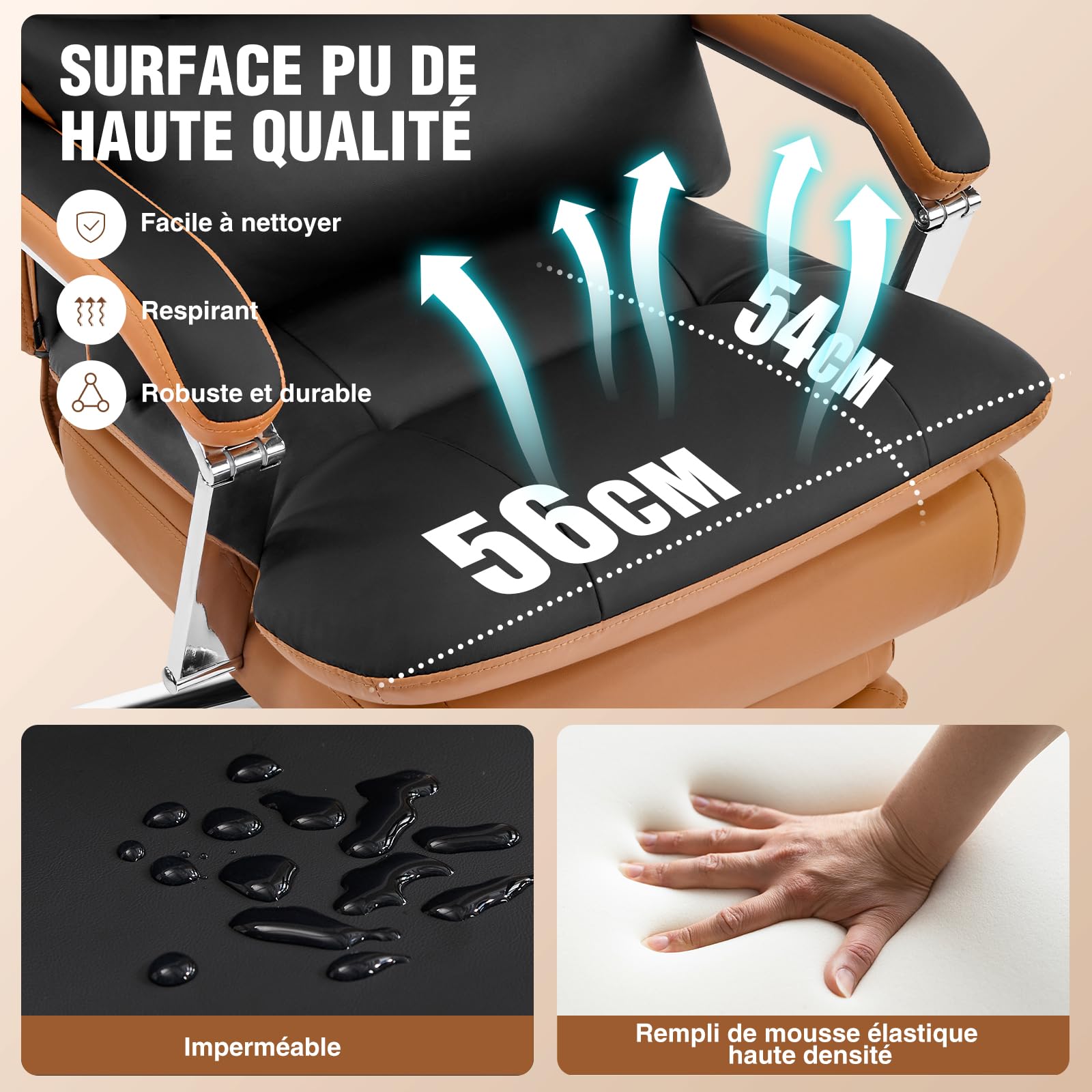 Bürostuhl Ergonomisch, PU Leder Chefsessel 200kg, Bürostuhl mit Fußstütze und Lendenwirbelstütze, Home Office Stuhl mit hoher Rückenlehne, Schwarz