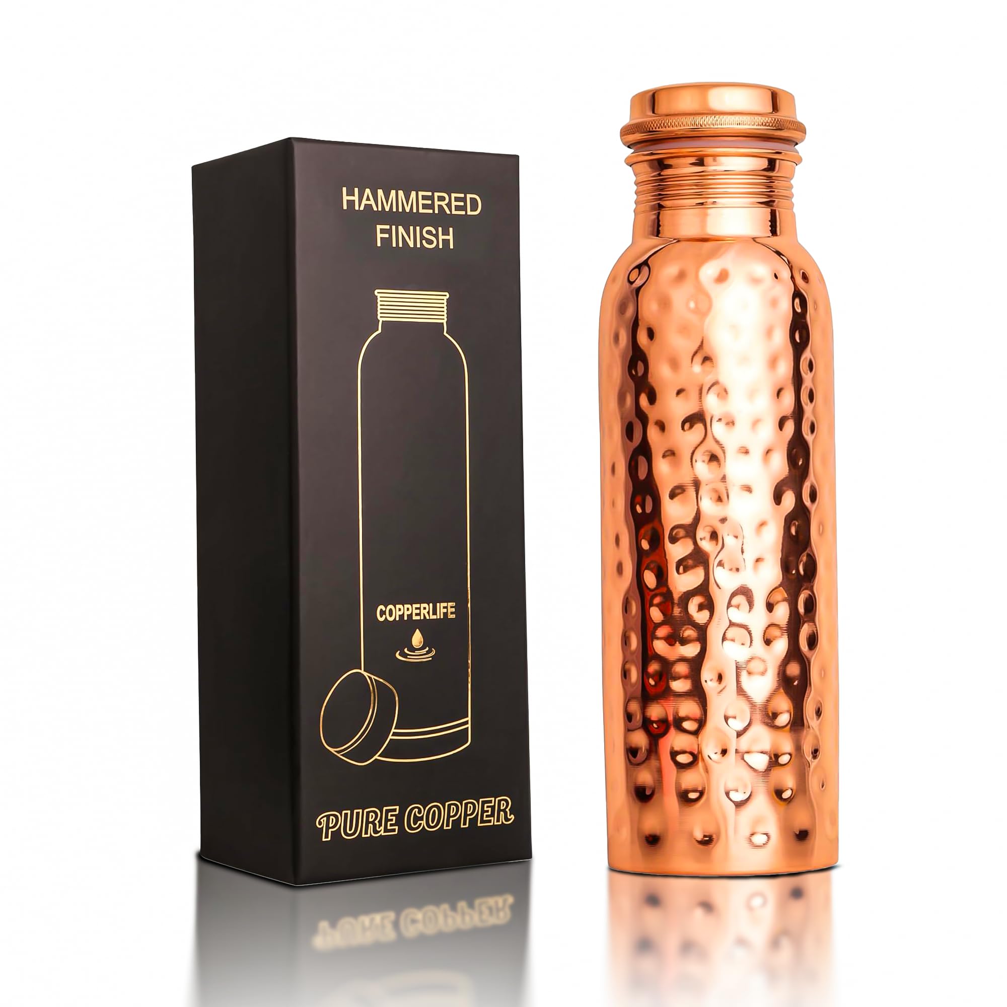 Pure Copper Water Bottle | 100% Pure Copper for Ayurveda Health Benefit | 963.9 g | Handmade Hammered Design for Drinking Water | Leak Proof Lid
