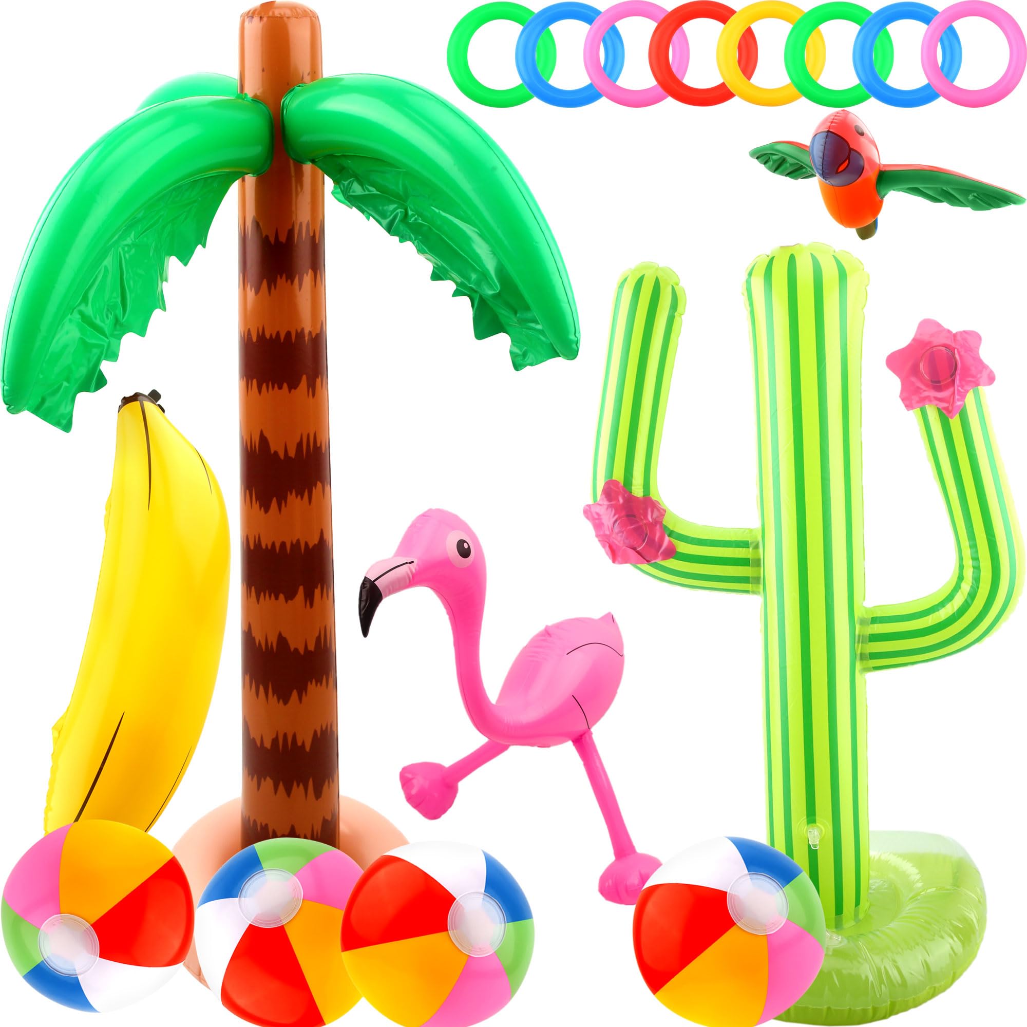 Cotiny 18 Pack Inflatable Palm Tree Cactus Ring Toss Beach Ball Parrot Banana for Hawaiian Party Decor and Beach Toys