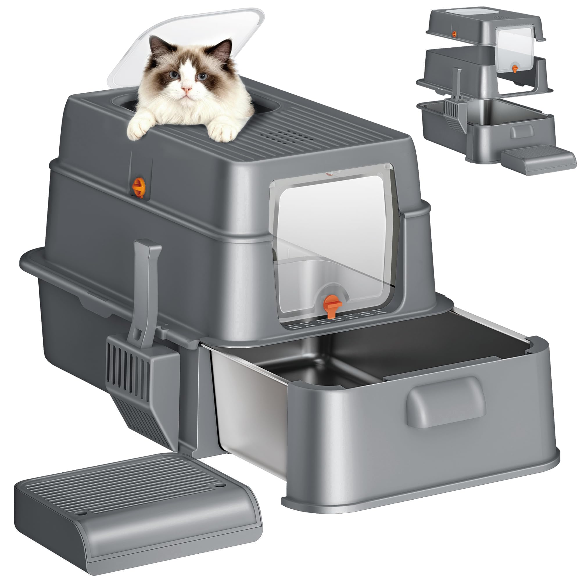 Arenero Acero Inoxidable Gatos con Cajón, 65x44x40cm, Gris Oscuro | XXL Arenero Metalico Cerrado para Gatos, Incluye Pedal y Pala, Control de Olores, Fácil de Limpiar, Dos Entradas FPLB201SG2