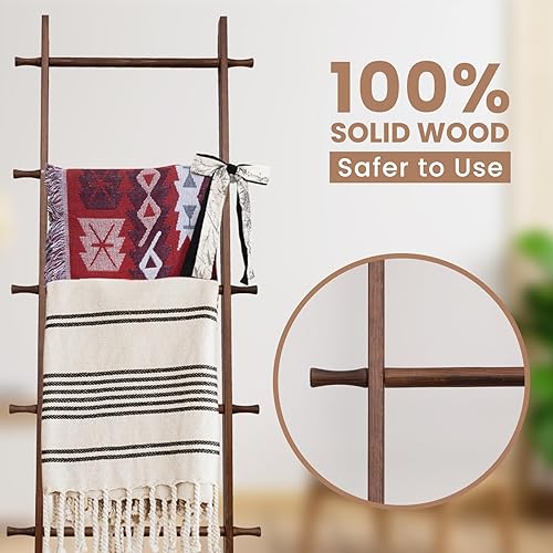 Miniatura 94 de Escalera para mantas, soporte de edredón de madera de 6 niveles, estante decorativo para escalera, estante inclinado, estante de almacenamiento