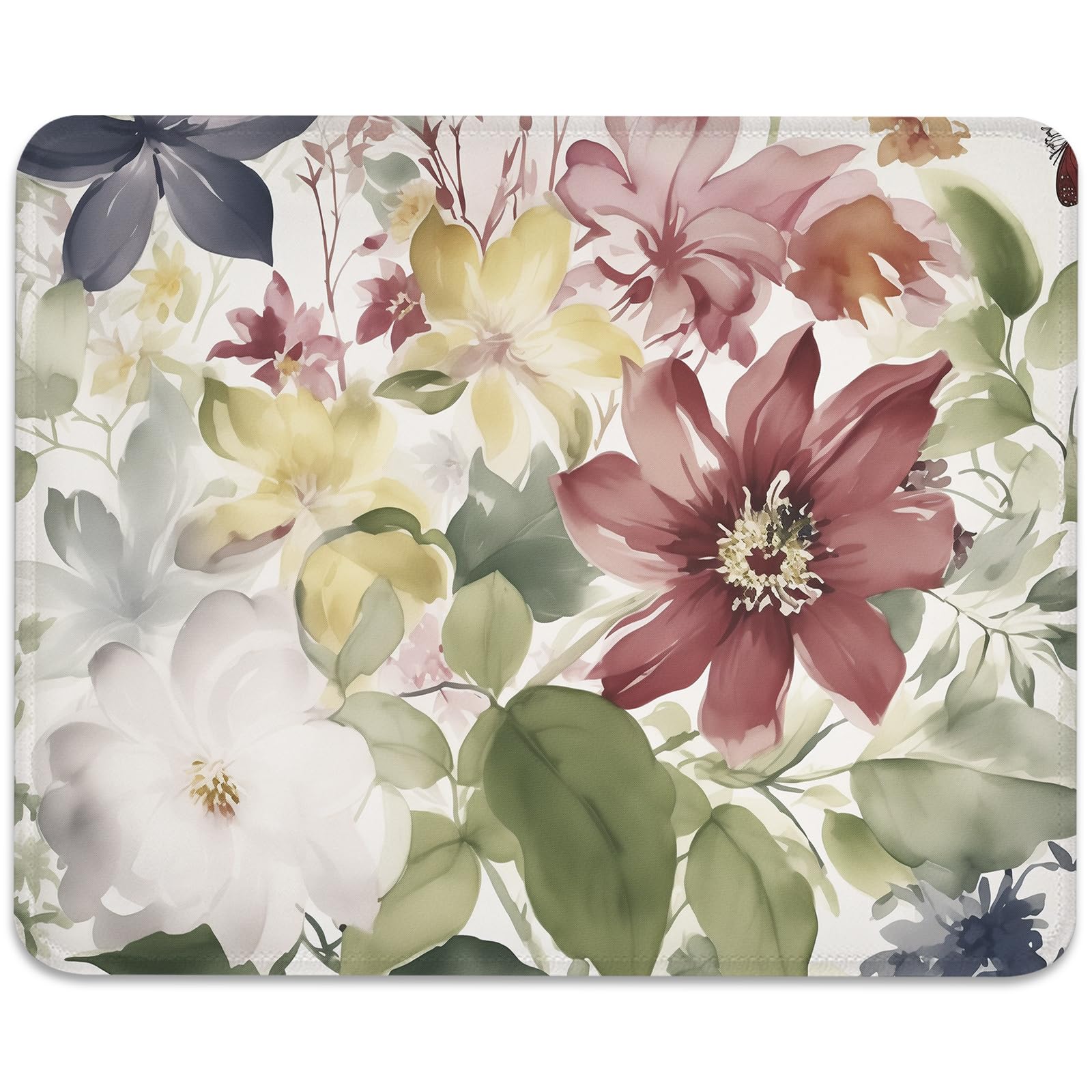 Elegant Floral Watercolor Mouse Pad – Artistic Blossom Design, Rectangle Stitched Edges Non-Slip Rubber Base Mouse Pads for Computers Laptop