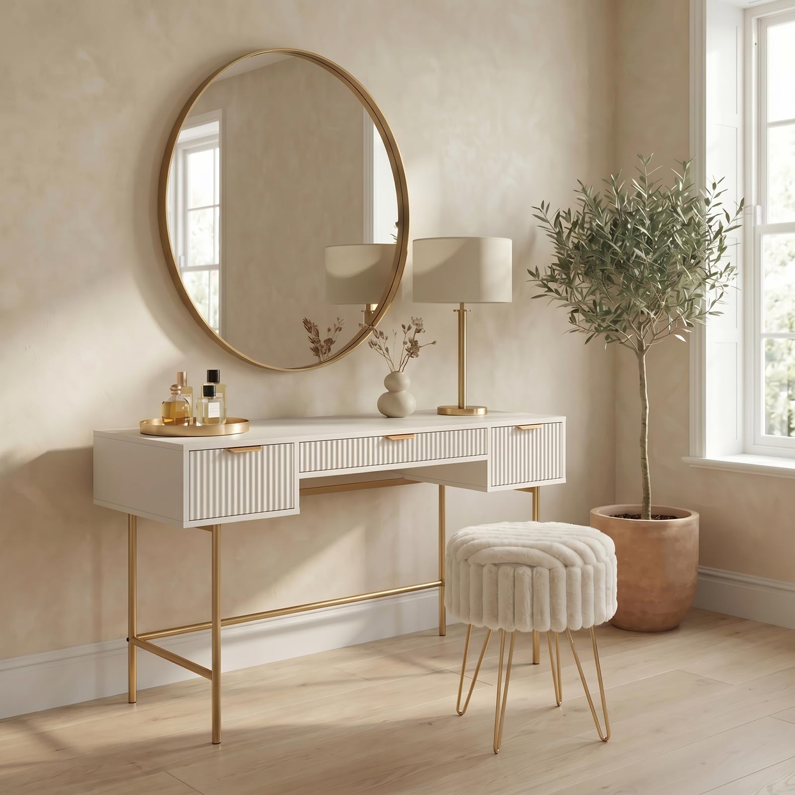 OHS Dressing Table, Ribbed Wooden Vanity Table with 3 Drawers Decorative Drawer Organiser with Gold Metal Frame Modern Makeup Desk for Bedroom, Cream - 110 x 35 x 75cm