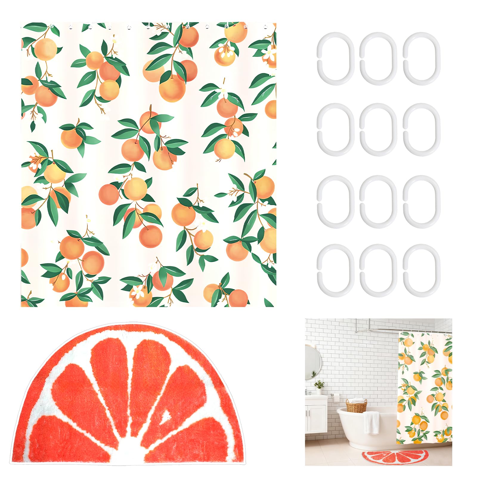 Fruit Shower Curtain, Non-Slip Mat, Bath Curtain with 12 Hooks, Anti-Mould Bath Curtains for Bathrooms, Showers and Hallways