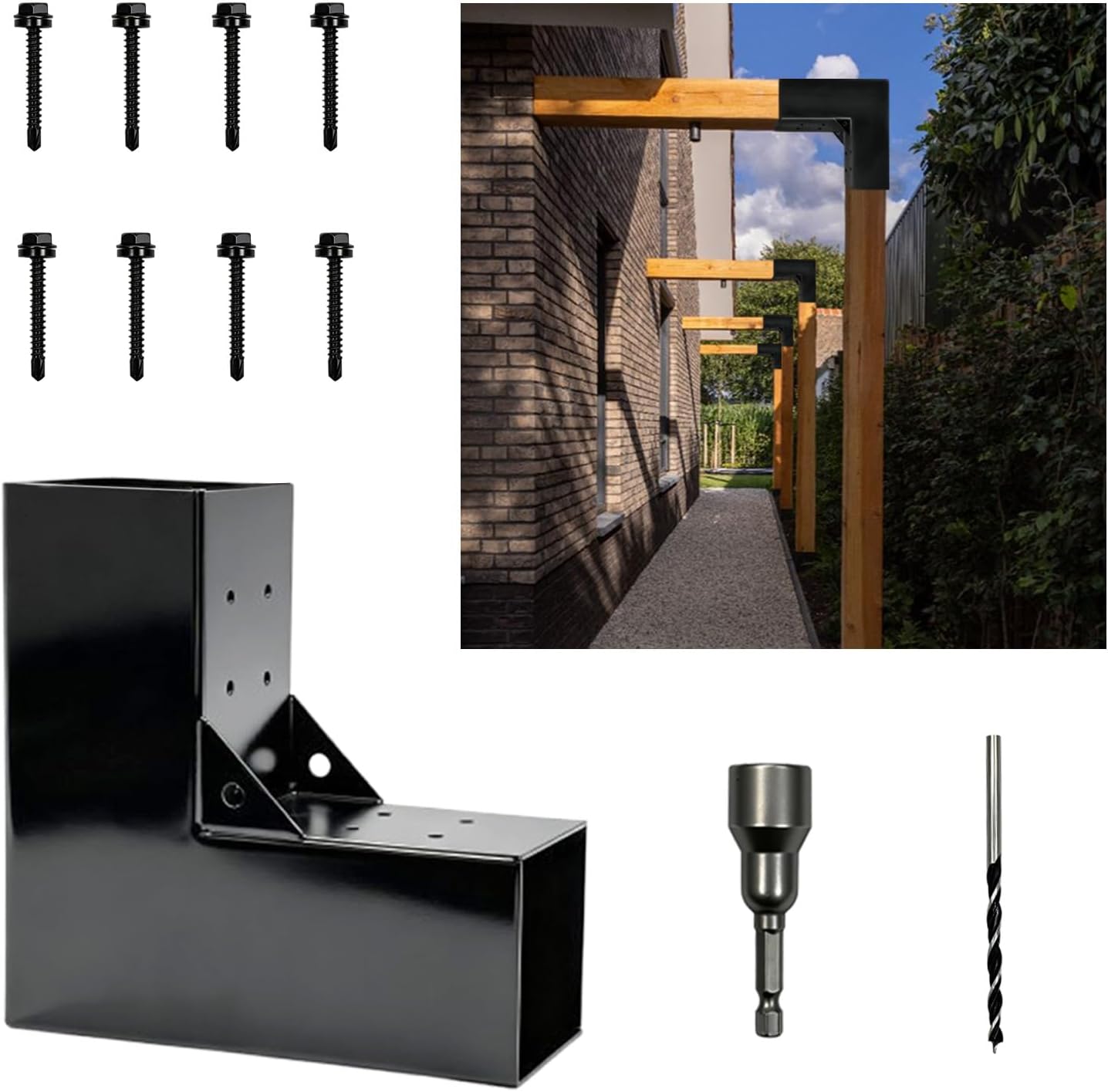 4"x4" L-Shaped Pergola Bracket,2-Way Woodwork Bracket for Indoor & Outdoor Wood Post Structures,DIY 90° Right Corner Brackets for Gazebos,Patios,Porchs,Log Cabins with Screws - 1Pack