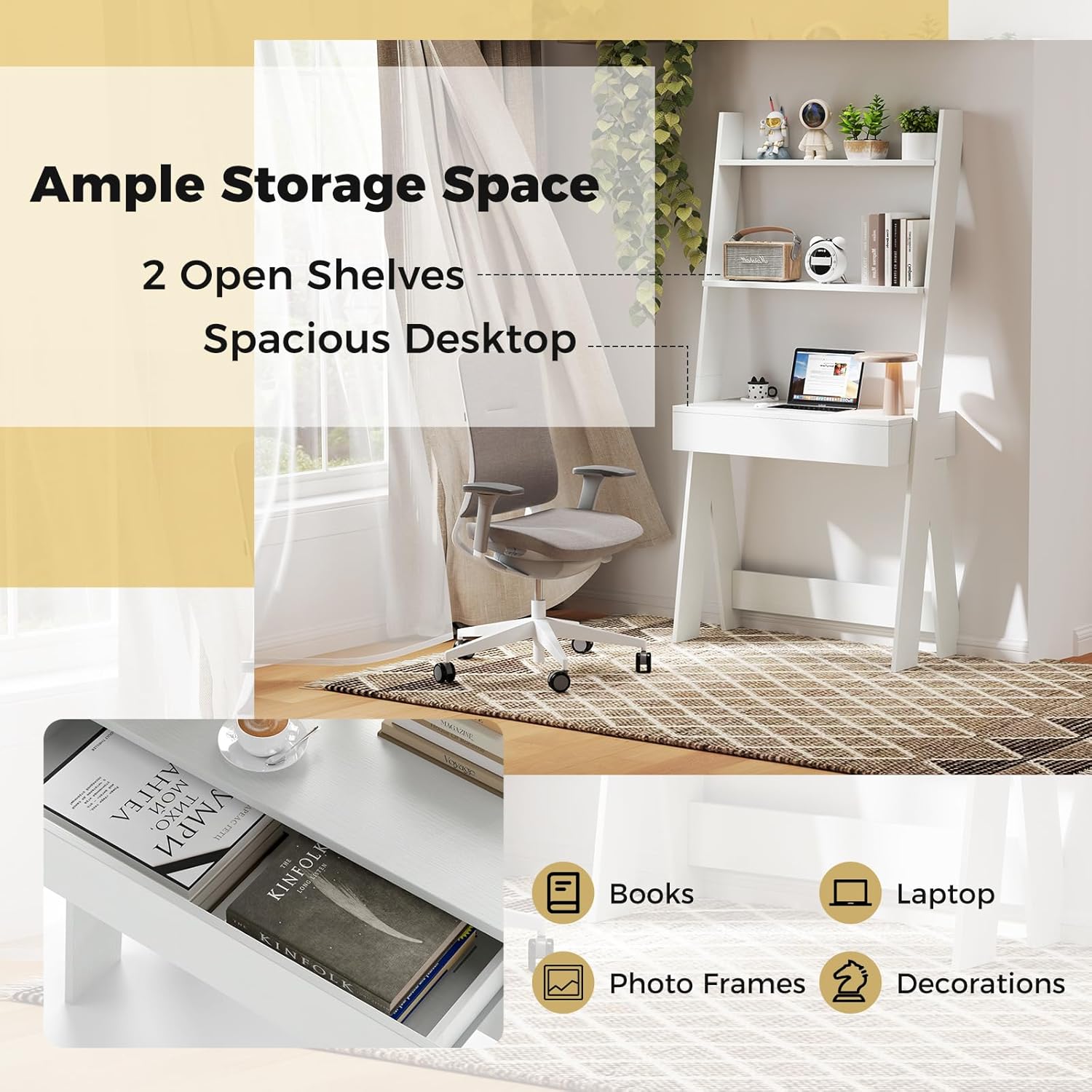 Tangkula Ladder Desk with Countertop & Drawer, Home Office Computer Laptop Table with Open Shelves & Anti-Tip Kits, Wall-Leaning Compact Working Station for Small Spaces (White)