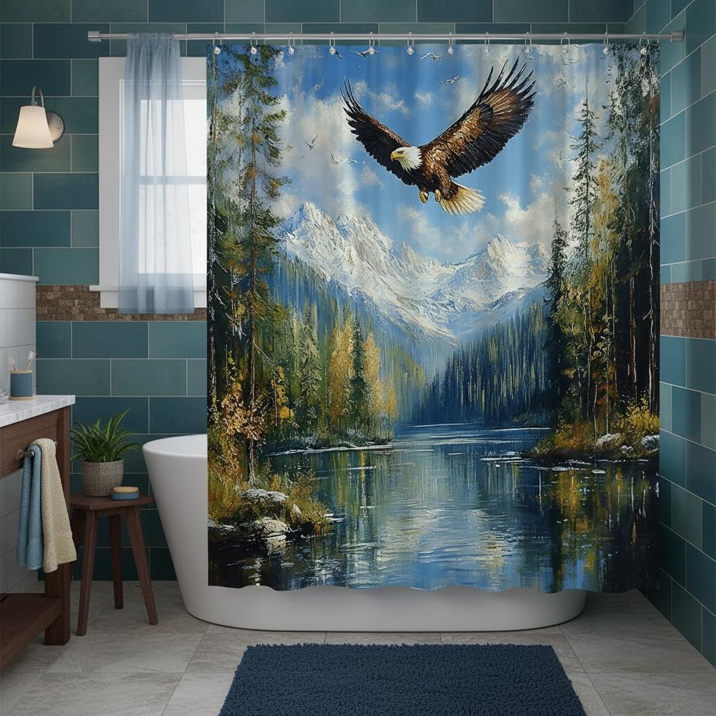 Eagle Shower Curtain Forest Mountains Lake Wild Animal Bird Nature Photography of Hills Jungle Wildlife Bath Decor Polyester Fabric Curtains 90X70 Inch