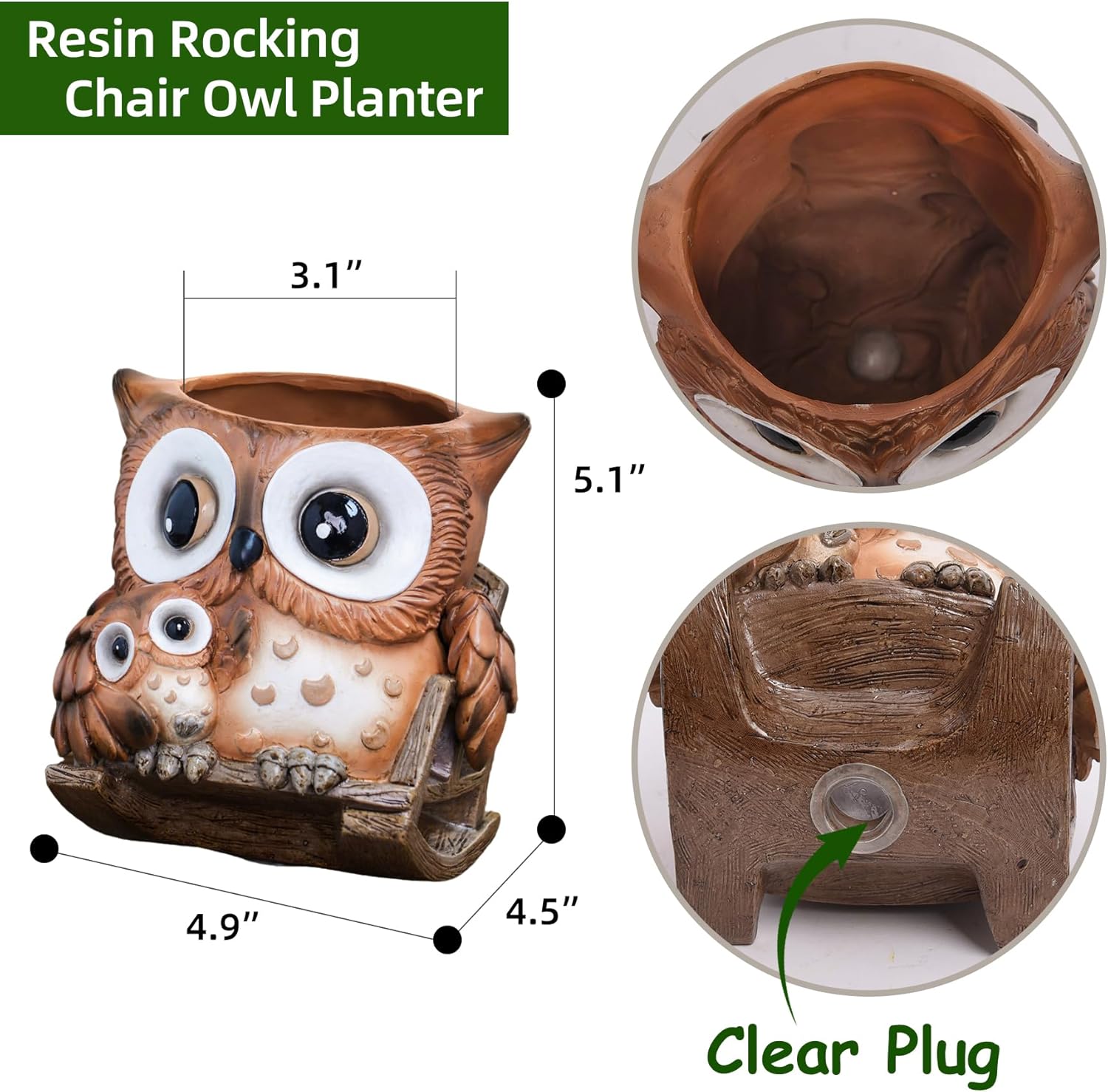 Saysmile Unique Owl Plant Pots Indoor, Cute Small Succulent Pots with Drainage Hole, Rocking Chair Planters for Outdoor Indoor Plants, Resin Flower Pot for String of Pearls, Gift Ideas for Mother