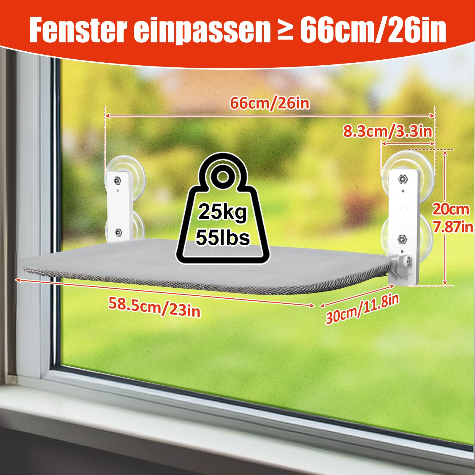 GUUSII HOME Fensterliege für Katzen Hängematte Fensterplätze Katzenbett Fenster Faltbare Katzenhängematte Fensterhängematte Katzenliege Katzenhängebett mit Starken Saugnäpfen(Grau,L)