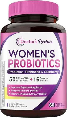 Doctors Recipes - Probiótico para mujeres 60 cápsulas con 50 mil millones de UFC 16 cepas con prebióticos orgánicos sabor arándano para salud inmune