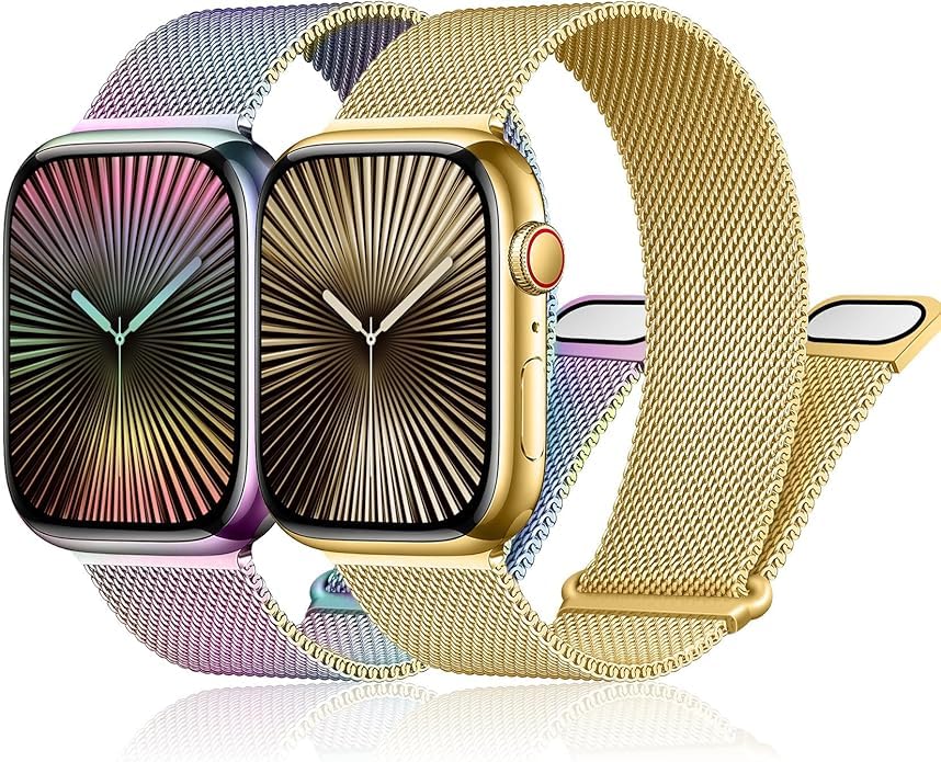 Image of Meyaar Magnetic Loop for Apple Watch Band 46mm 42mm 44mm 45mm 49mm Women Men,Magnet Stainless Steel Mesh Metal Strap for iWatch Ultra /2 Series 10 9 8 7 6 5 4,SE /2nd Generation (Rainbow-Gold)