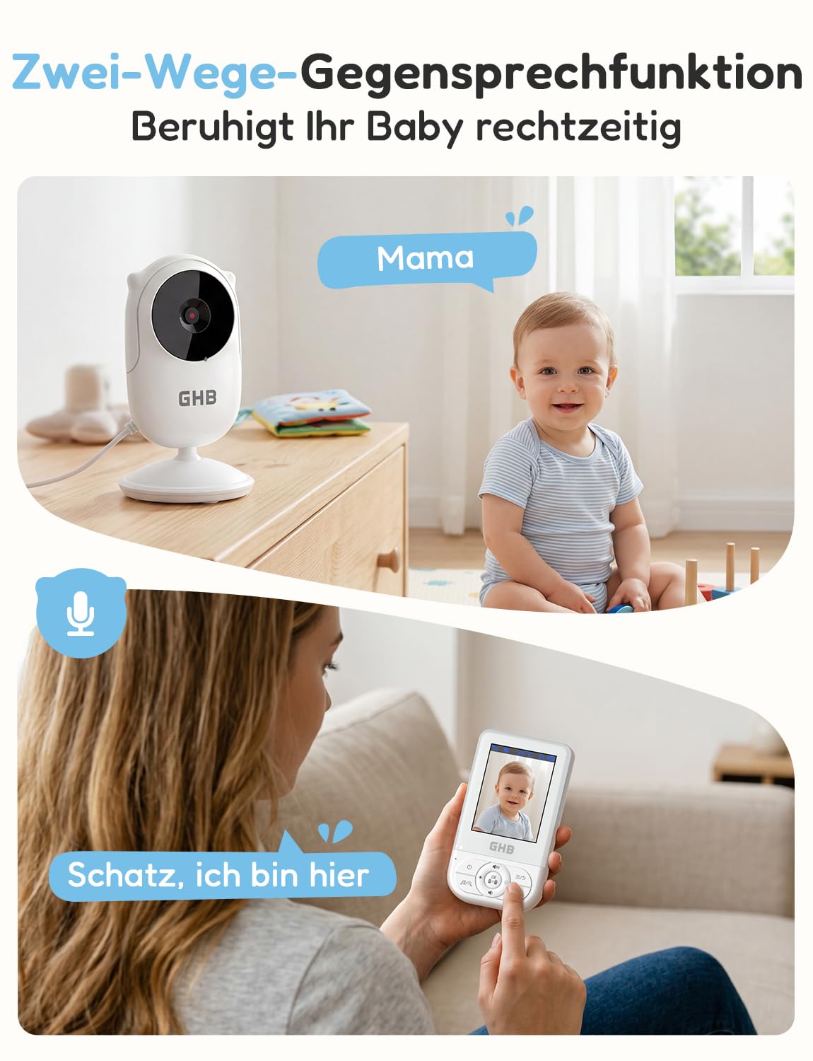 GHB Babyphone mit Kamera Baby Monitor 2,8 Zoll mit Nachtsicht VOX Schlaflieder Gegensprechfunktion Temperatursensor Max. 4 Kameras Unterstützt Weiß