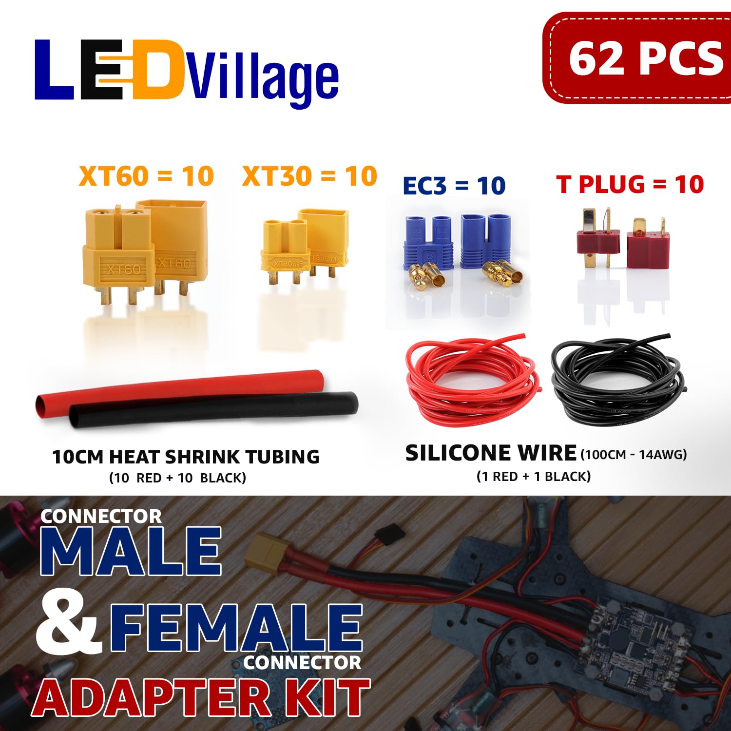 Ledvillage 62pcs T-Plug / XT30 / XT60 / EC3 Male & Female Plug Adapter Connectors Kit 14 AWG Silicone Wire and Heat Shrink Tubing for RC Lipo Battery Accessories ESC Motor