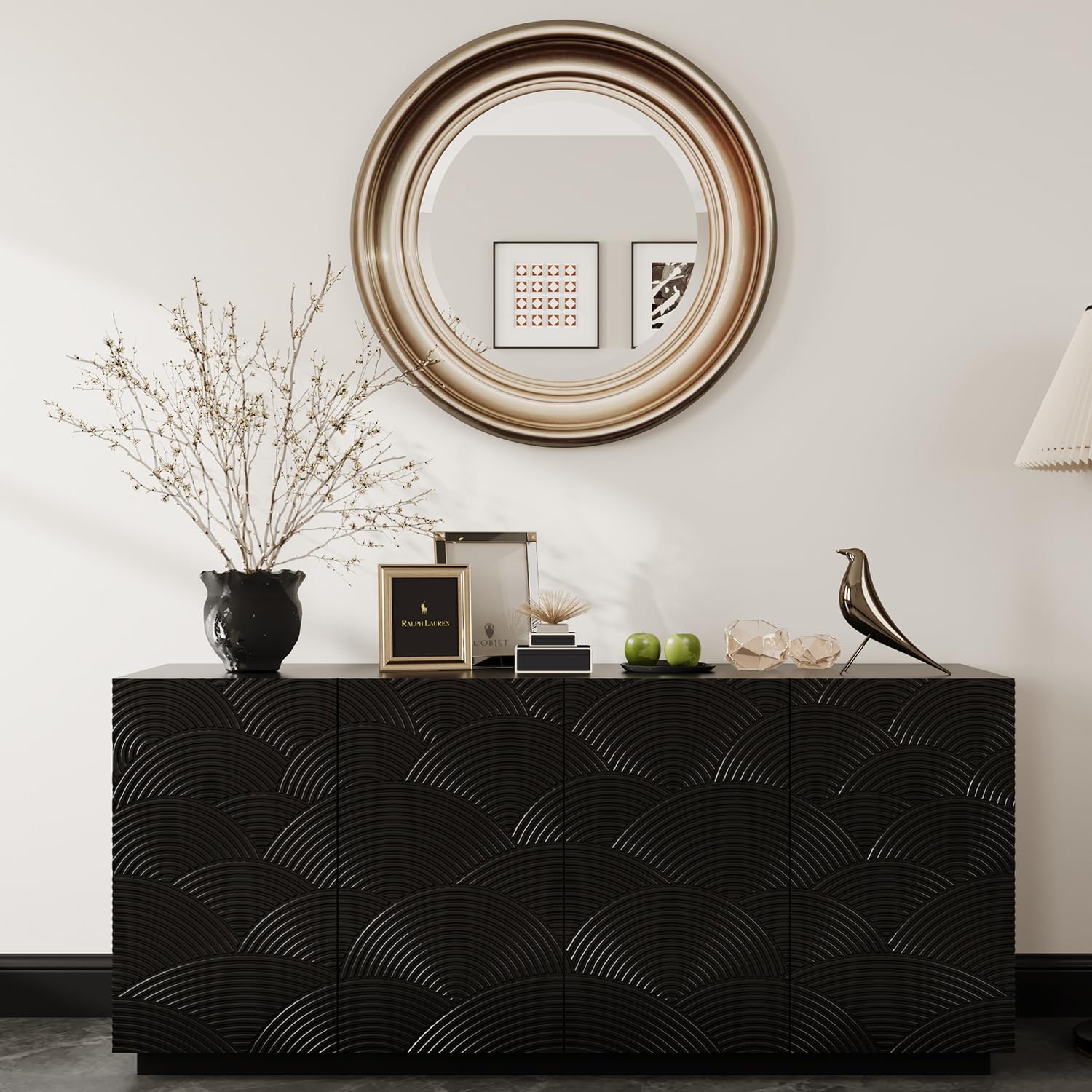 Sideboard Buffet Cabinet with Storage, 58" Mid-Century Fluted Carving Modern Storage Cabinet with 4 Doors and Shelves,Farmhouse Coffee Bar Credenzas for Entryway, Living Room