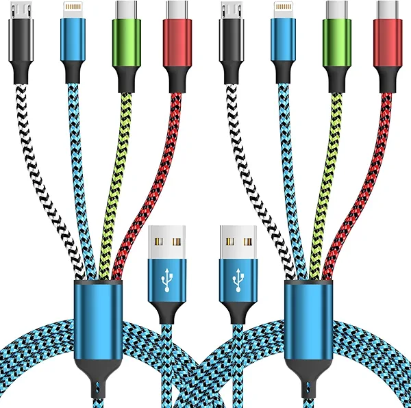 Travel Essentials Dual Type-C 4 in 1 Charging Cable 2 Pack 5FT Multi Charging Cables for All Devices,iPhone Charging Cord Adapter 2 USB-C/IP/Micro Port for Cell Phones Tablets Samsung Galaxy PS & More