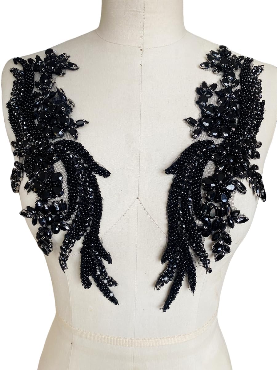 1 Pair Handmade Beaded Crystal Patches Bodice Lace DIY Applique Patches Accessory for Dress Clothes 35X12cm (Black)