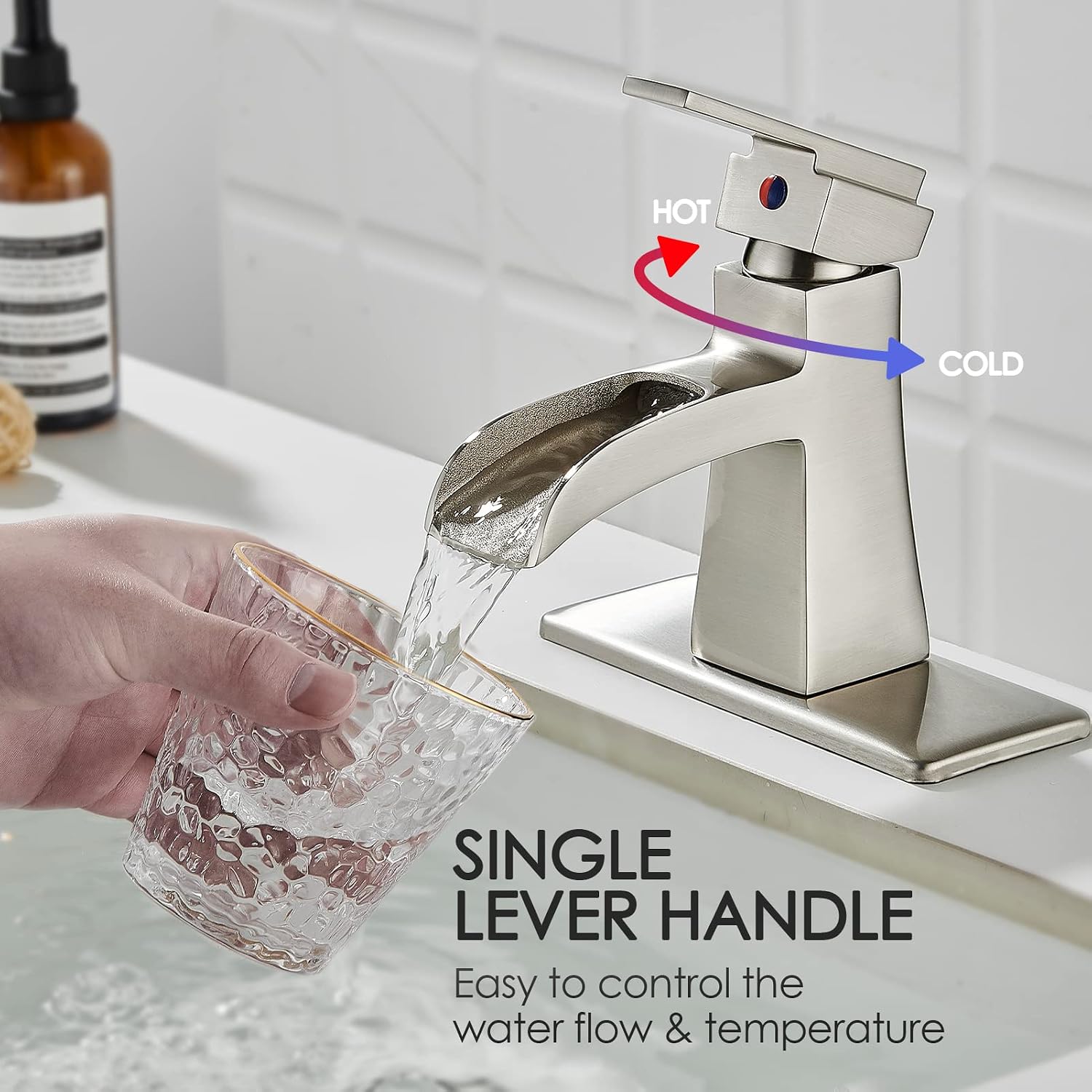 Brushed Nickel Waterfall Bathroom Faucet, Sanliv Single Handle Bathroom Sink Faucet with Pop-Up Drain & Deck Plate for 1 or 3-Hole (4 Inch Centerset) Modern Vanity Faucet Brushed Nickel