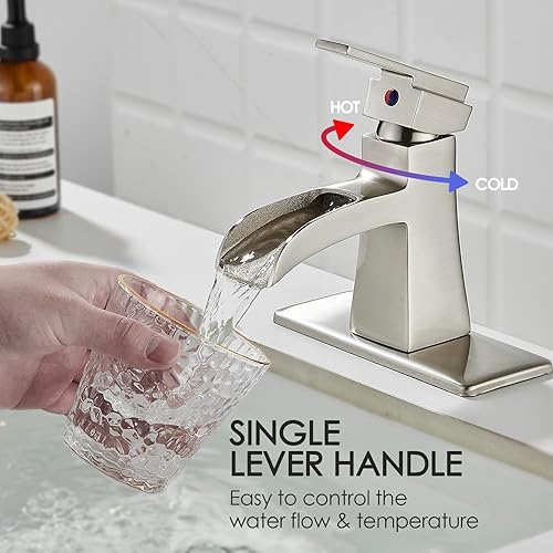 Miniatura 4 de Sanliv Grifo de baño de níquel cepillado de una sola manija para fregadero de 1 o 3 agujeros, grifo de tocador de latón, cascada, grifo de lavabo de