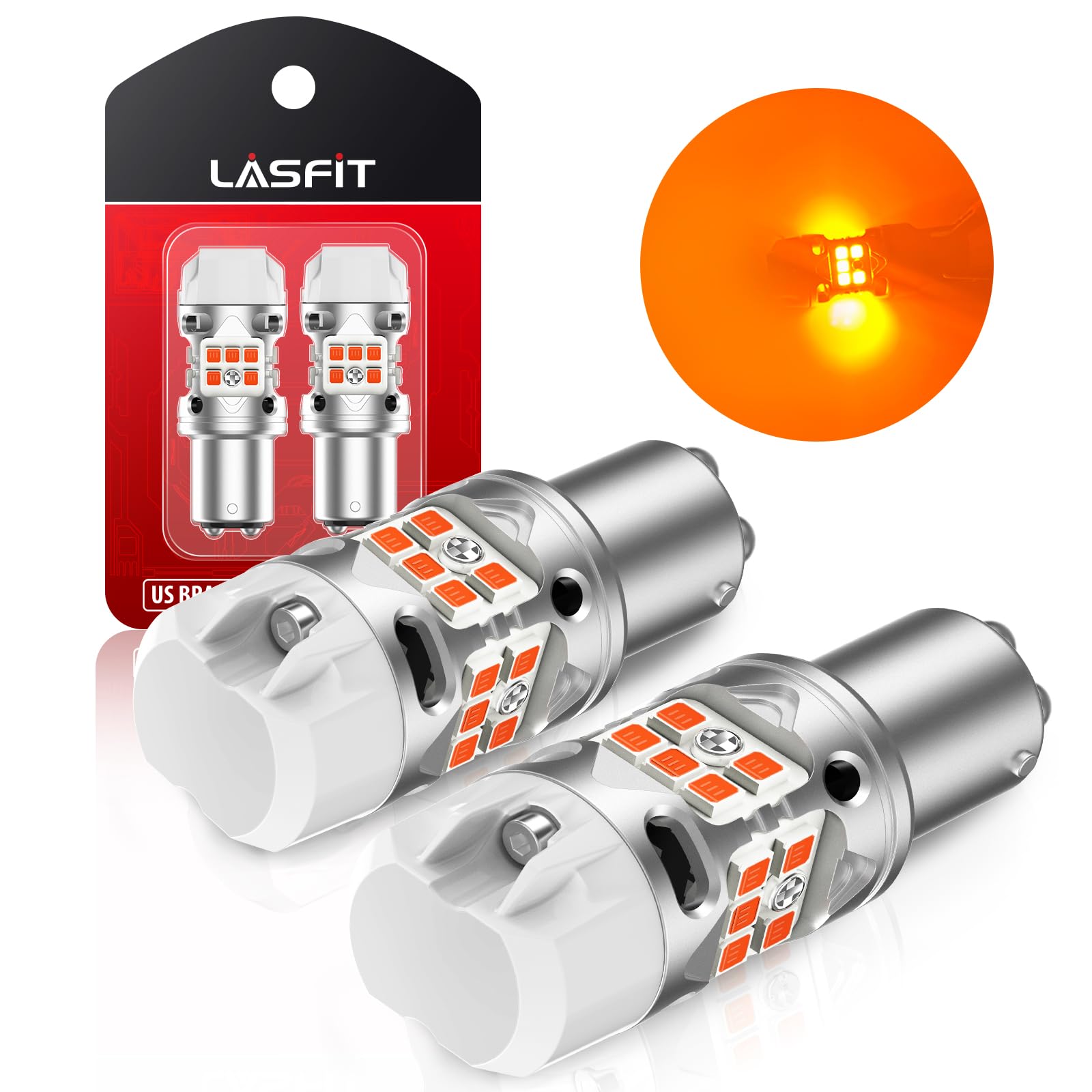 LASFIT T3 1157 LED Bulb Amber Built In Resistor Yellow Turn Signal CANBUS Error Free 500% Bright Blinker 1157A 1157NA 2057 2357 2357A 7528 1034 BAY15D Front DRL Parking Light Anti Hyper Flash(2pcs)