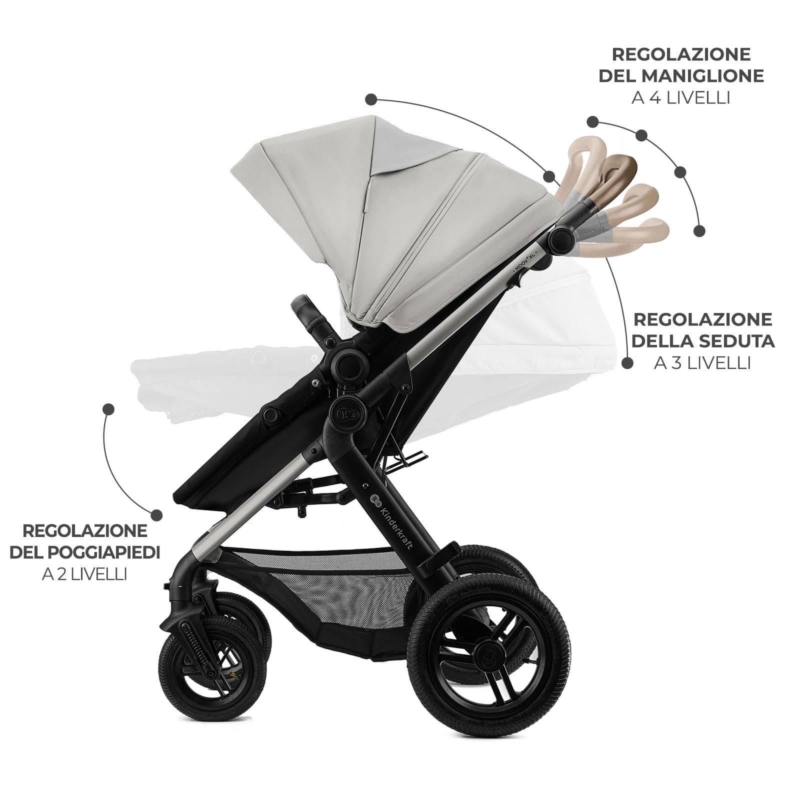 Kinderkraft MOOV XL 3 in 1, Passeggino fino a 27 kg, Carrozzina, Con Seduta I-SIZE 40-75 cm, Pieghevole, Ammortizzatore, Convertibile, Navicella XL, Con Accessori, Grigio Chiaro