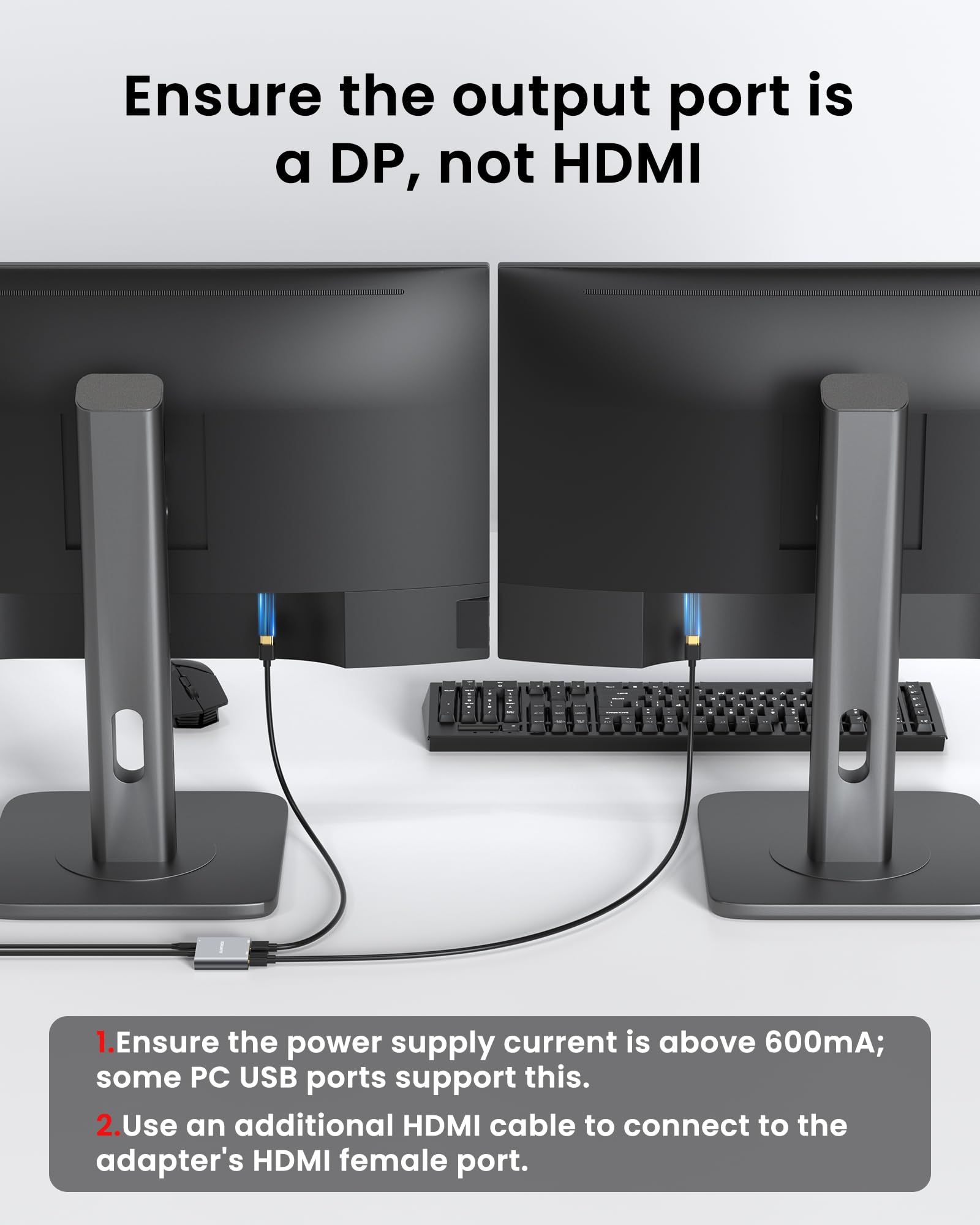 Adaptateur DisplayPort 4K 60 Hz vers double HDMI, répartiteur MST pour rallonge double moniteur, prend en charge le mode étendu et miroir, Plug and Play, câble d'alimentation USB inclus
