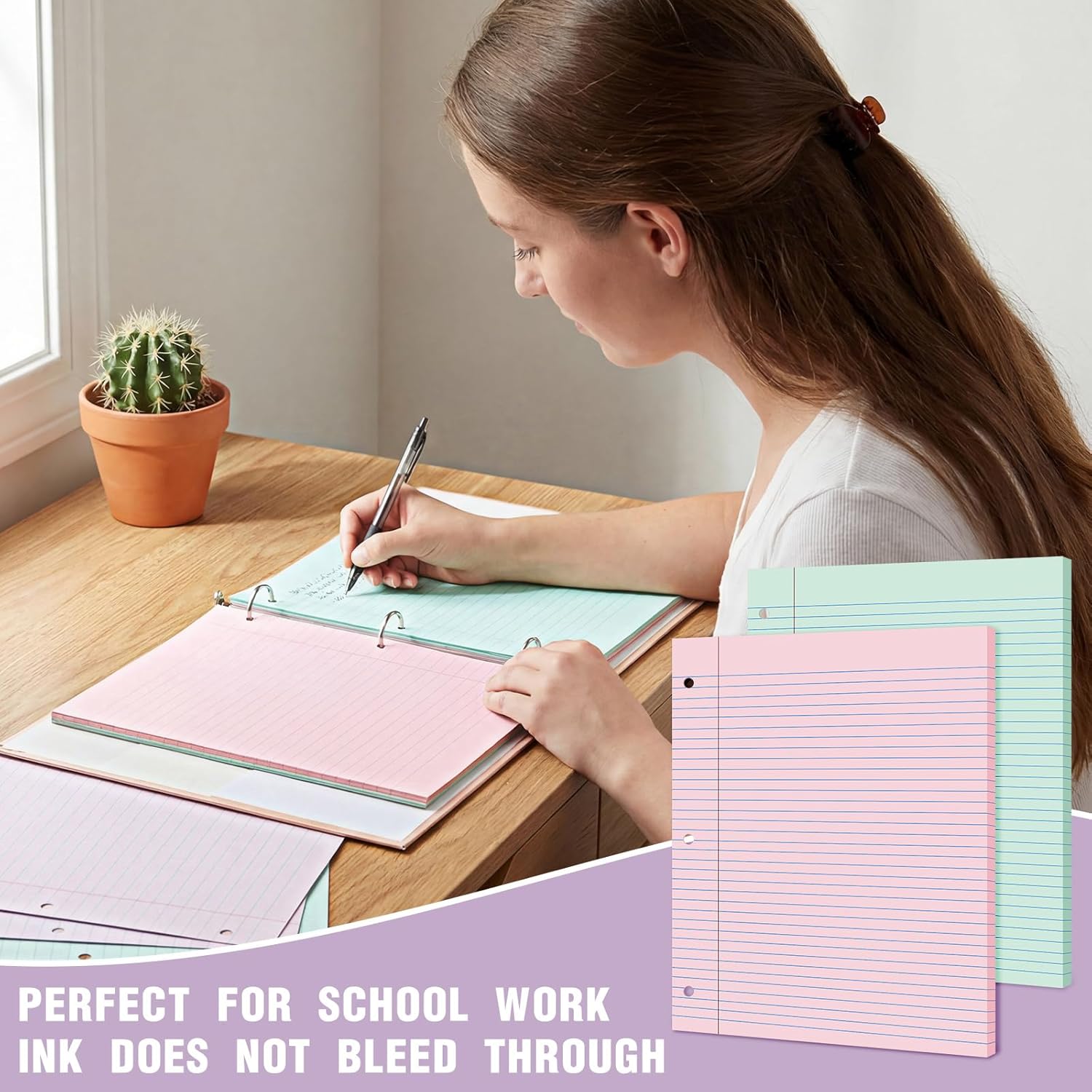 PerKoop 8 Pack 400 Sheets Colored Lined Loose Leaf Paper 8 x 10.5'' Wide Ruled, 3 Hole Punched Notebook Filler Paper for 3 Ring Binders Back School Classroom Office Supplies (Macaron Color)