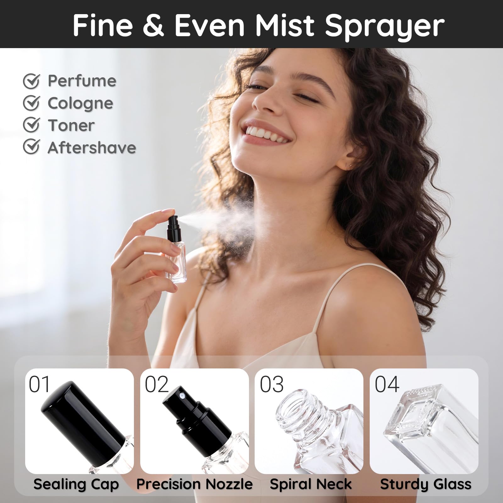Segbeauty Glaszerstäuber für Parfüm, leere Mini-Reise-Parfümflasche, nachfüllbar mit schwarzer Kappe, 5 ml, kleiner feiner Nebel, Glas, Reise-Kölner-Zerstäuber für Herren, mit Dekanter-Set, 40 Stück