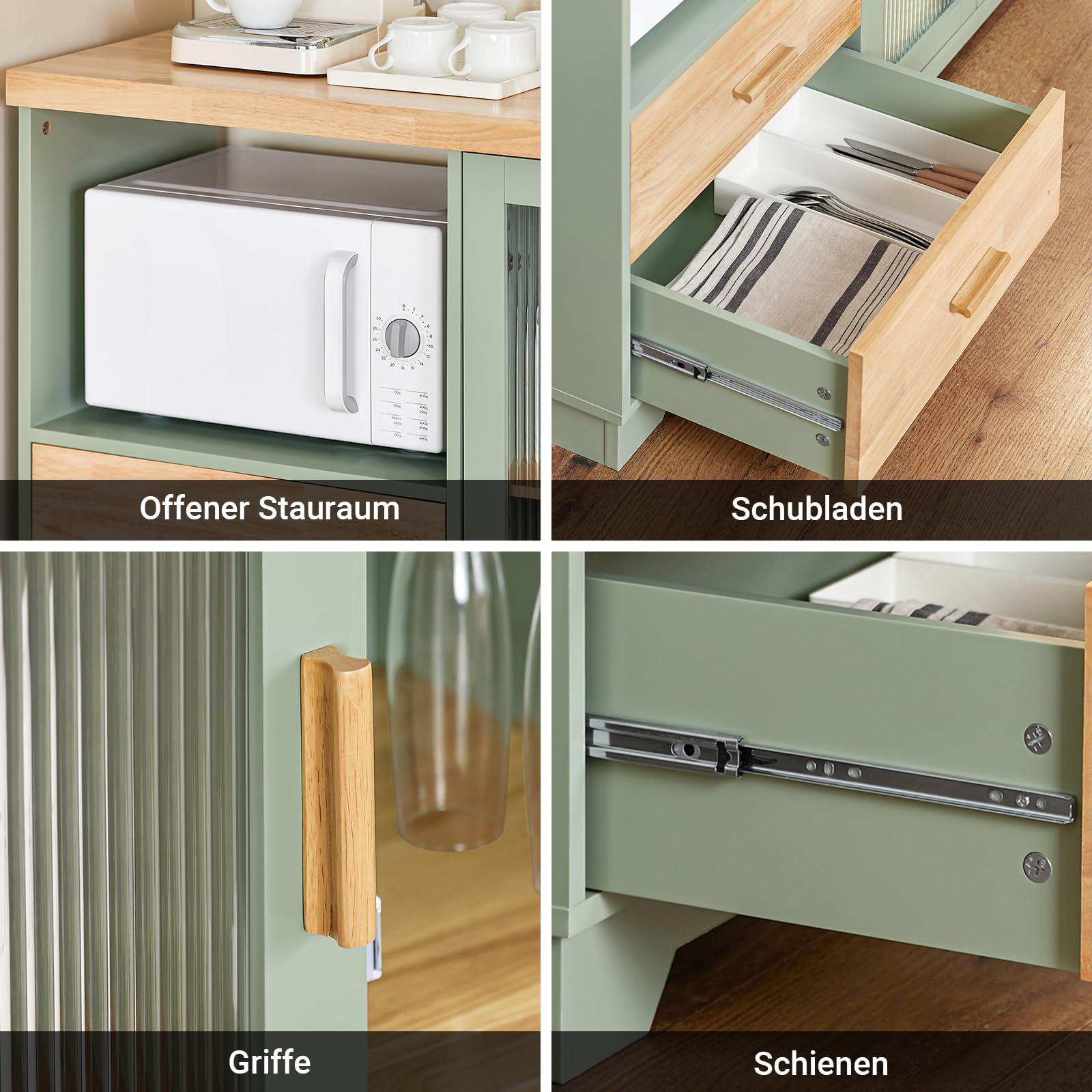 SoBuy Küchenschrank Buffet Kommode mit Glastüren & Schubladen Sideboard mit 120 cm Arbeitsplatte, Mikrowellenfach & Weinregal Küchenmöbel für Wohnzimmer & Esszimmer Grün 120x90x40cm FSB81-GR