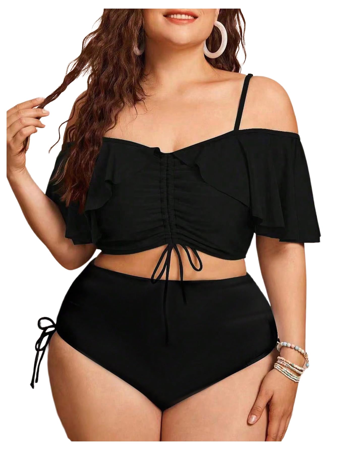 Women's Plus Size Two Piece Tankini Sets Off Shoulder Ruffle Drawstring High Waisted Textured Swimsuits-image-38