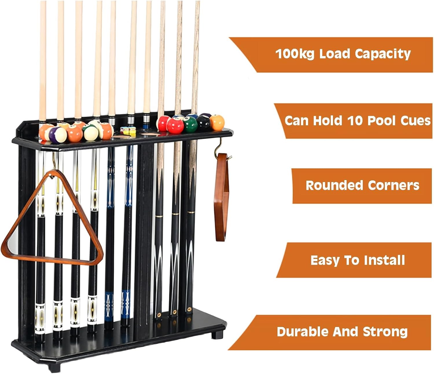 High Capacity Pool Cue Holder with Triangle Rack Hook, Durable Hardwood Billiards Stand for 10 Cues & Accessories, Supports Up to 100kg