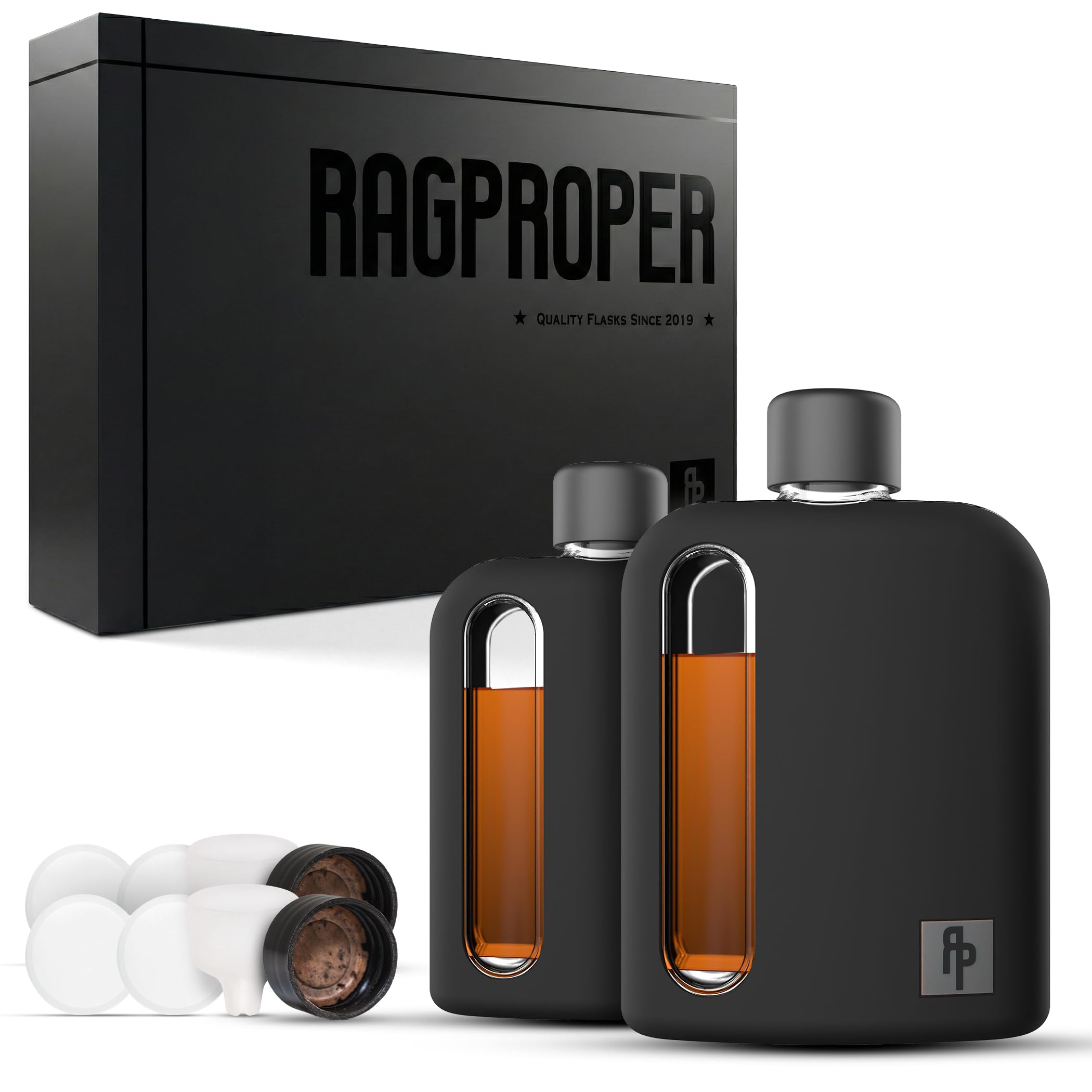 Ragproper Modern Glass Hip Flask - Glass Flask Bottle with Caps for Liquor, Durable Liquor Glass Flask with Cork Lids, Pour Funnel, Black Silicone Flask Sleeve, Single Shot 100ml + Double Shot 240ml
