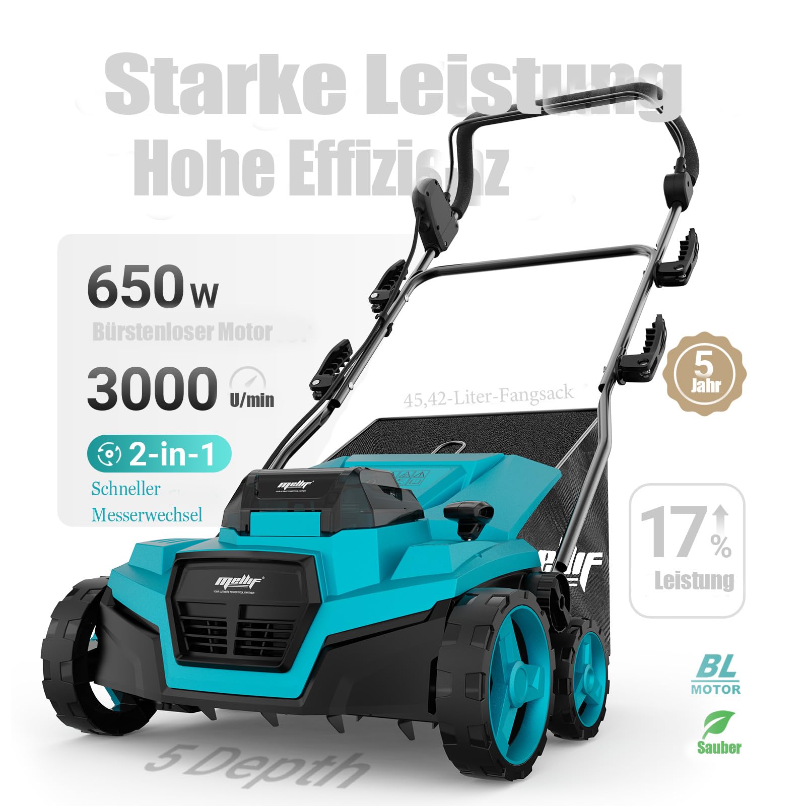 Mellif Akku-Vertikutierer-Lüfter für Makita Akku 18V, 38cm Arbeitsbreite, einstellbare Arbeitstiefe, 45L Fangsack, bürstenloser Motor, klappbar, 2-in-1 Rasenmäher & Lüfter, inkl. Zubehöre (Ohne Akku)