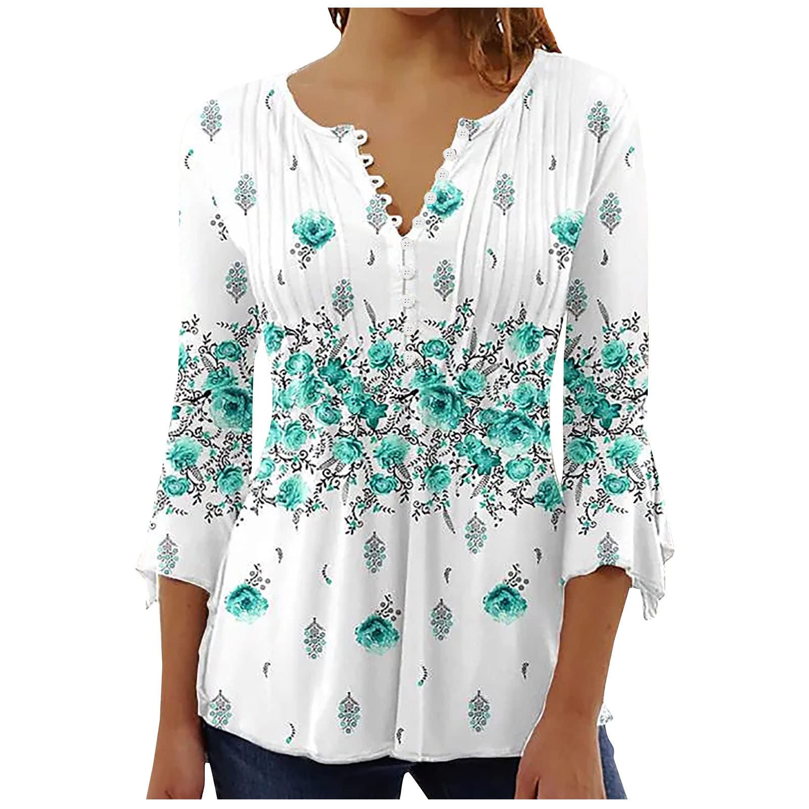 TuianresPlus Size Summer Outfits for Women, Cute Floral Print V Neck T-Shirts Pleated Retro 3/4 Sleeve Button Down Blouse