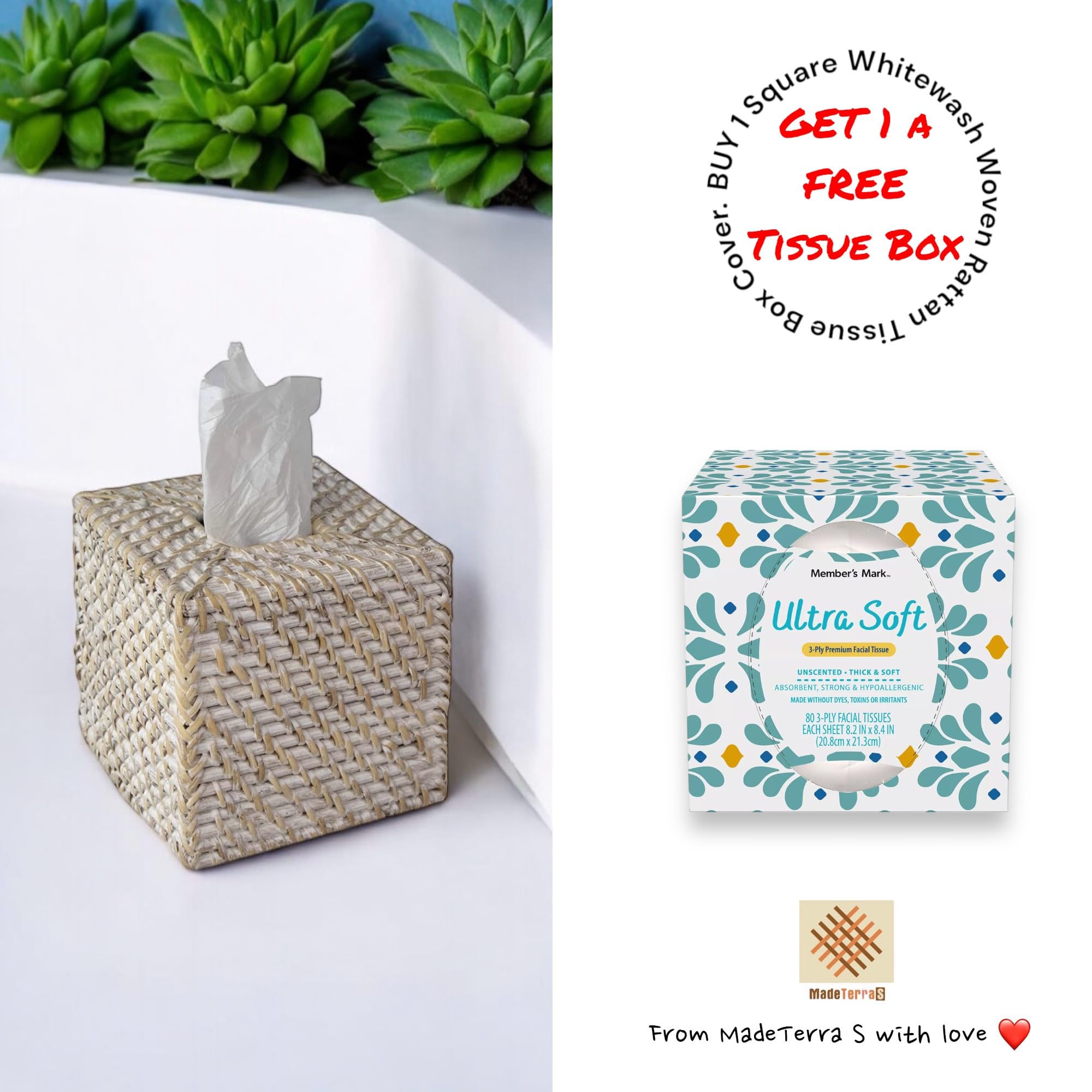 Square Whitewash Woven Rattan Square Tissue Box Holder for Kitchen, Bathroom, Car | Decorative Wicker Refillable Dispenser Holder with a Free Tissue Box