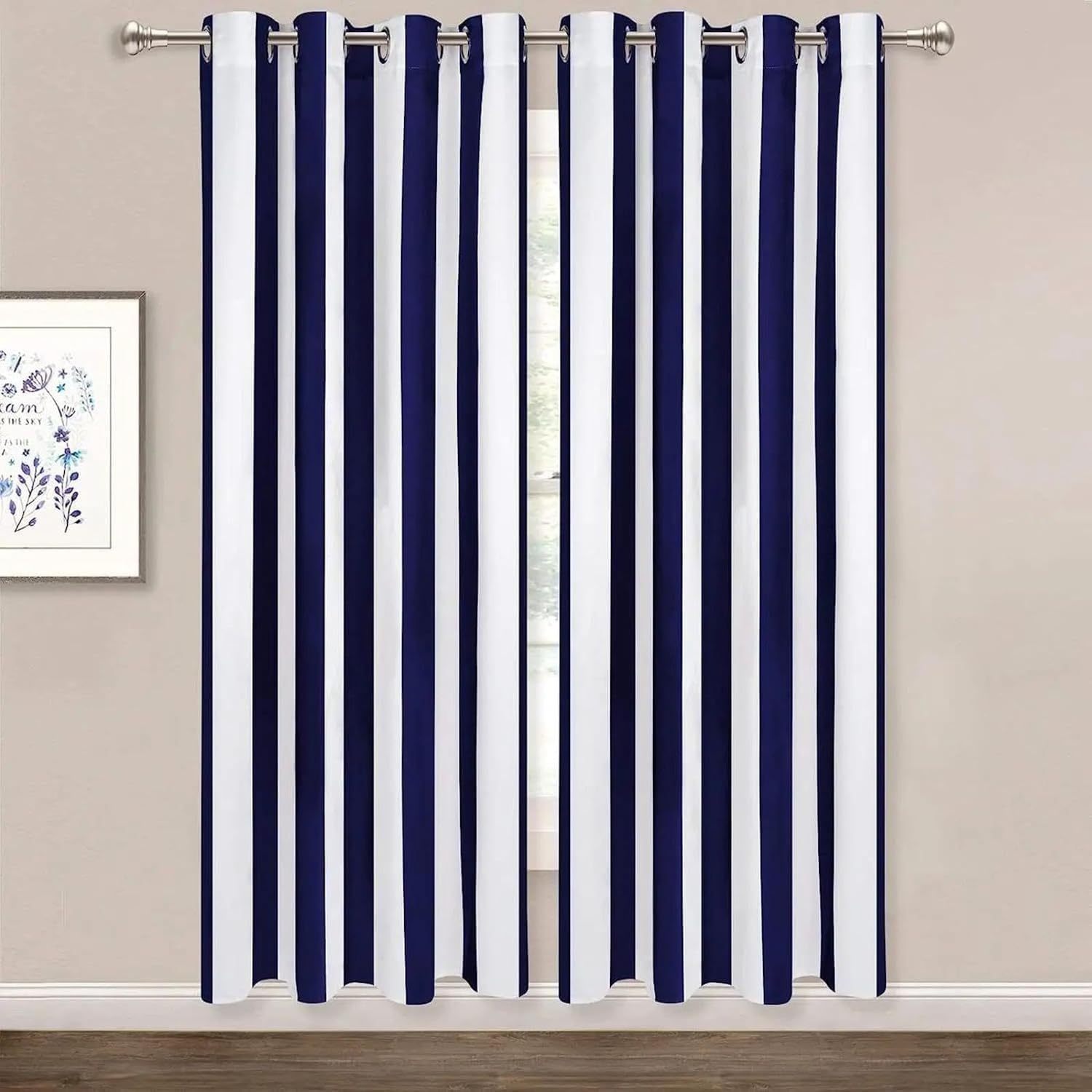 Niebieskie i białe paski, nieprzejrzyste zasłony do sypialni, zasłona termiczna z oczkami, zestaw 2 sztuk, wys. 300 x szer. 140 cm, granatowe zasłony zaciemniające, ochrona przed hałasem