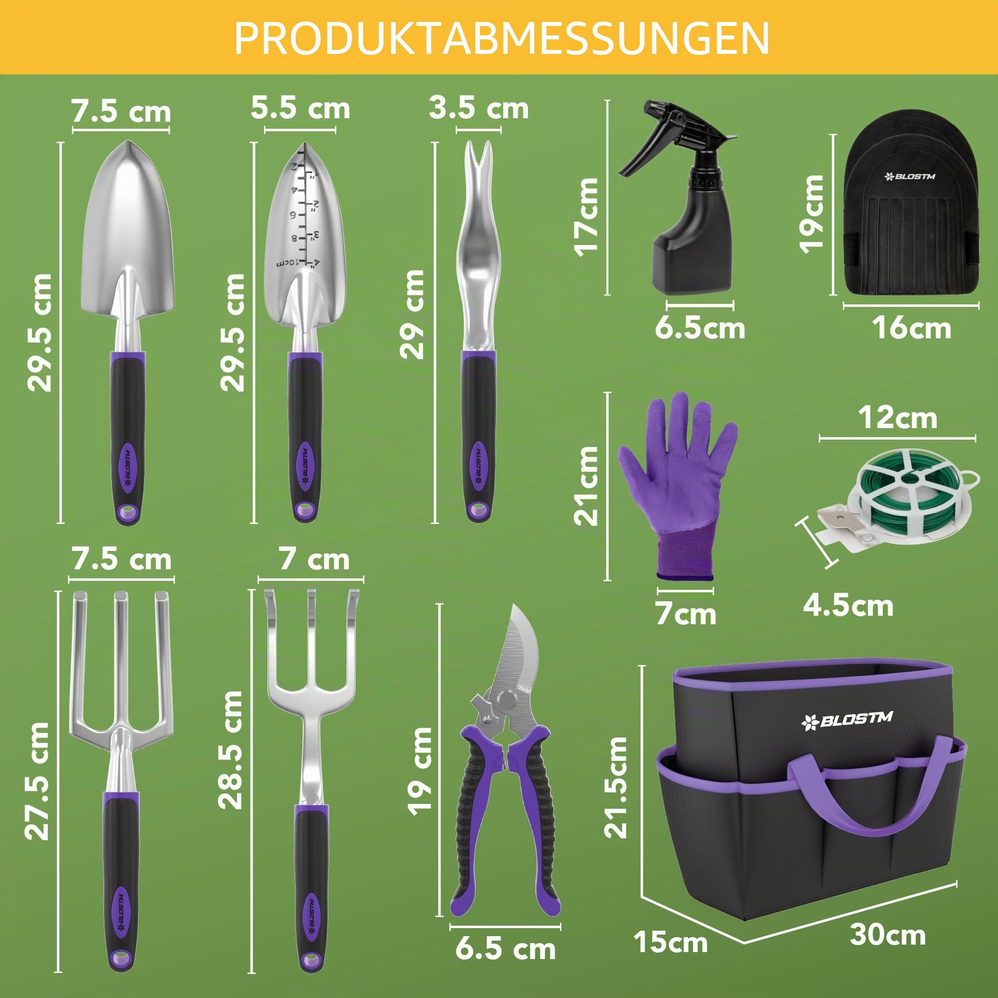 BLOSTM Gartenwerkzeug-Set, 11-teilig, robustes Gartengeräte-Set mit wasserdichter Tragetasche, rostfreies Gartenkellen-Set mit ergonomischen Griffen, Gartengeschenke für Männer und Frauen (lila