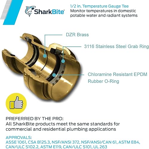 Miniatura 6 de SharkBite 1 pulgada medidor de temperatura Tee, empuje para conectar accesorios de plomería de latón, tubo PEX, cobre, CPVC, PE-RT, 24441