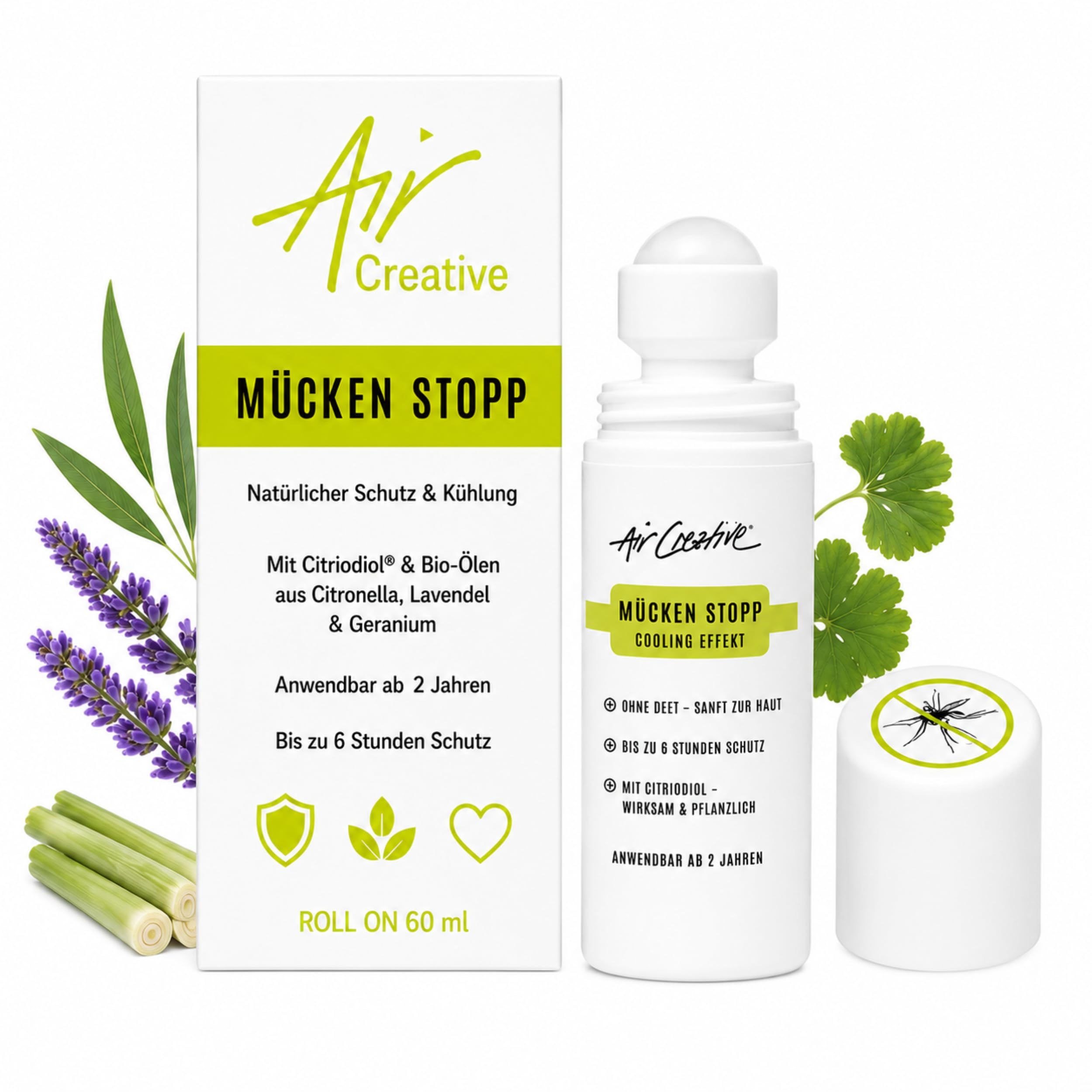Mückenschutz Roll-On für Familie & Kinder ab 2 Jahren – Natürlicher Mückenspray Ersatz mit Citriodiol® & BIO-Ölen – DEET-frei – 6 Stunden Schutz & Cooling-Effekt – 60 ml
