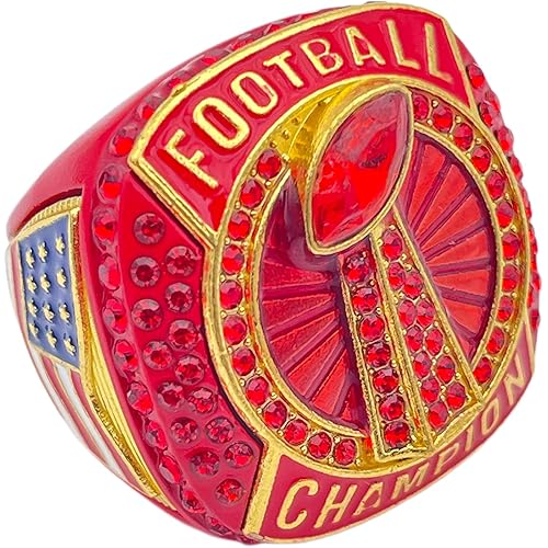 Discount Sports Rings, FOOTBALL CHAMPION RING — Player Award, assorted colors and gemstones (Red)