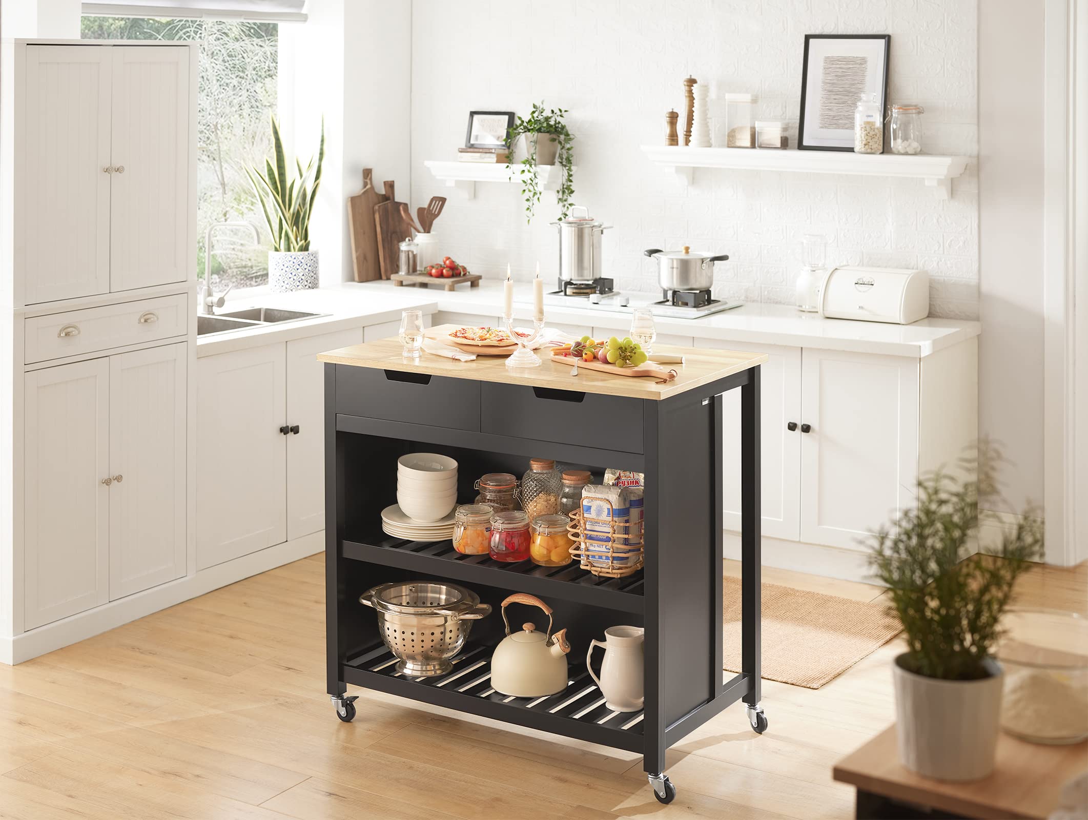SoBuy Carrito Auxiliar con Ruedas Mueble Auxiliar Cocina Carro Cocina Carrito Cocina con Cajones Estantería Cocina Isla Cocina Mesa Auxiliar con Ruedas Madera Negro 98x58x94cm FKW74-SCH