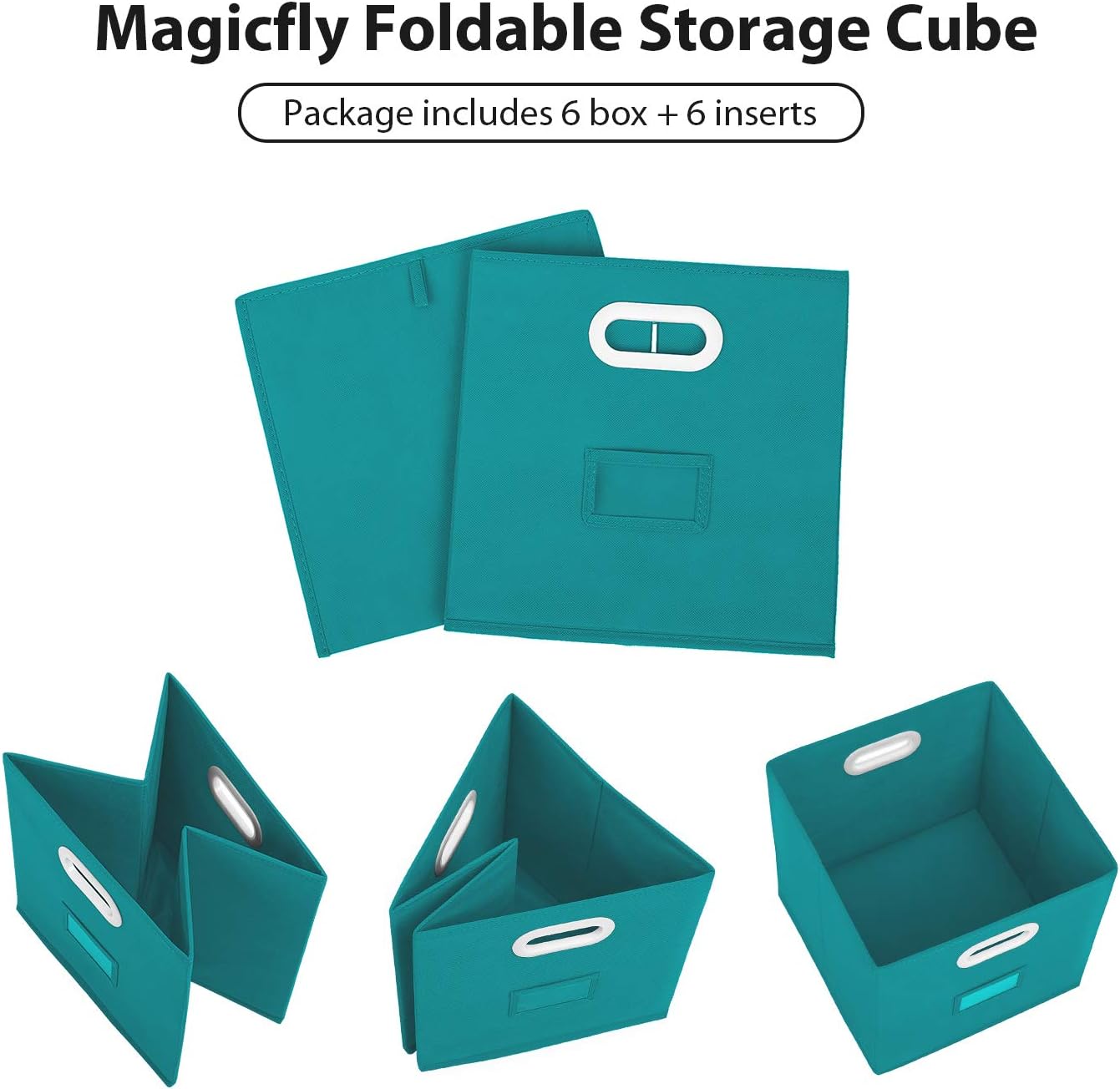 Magicfly Foldable Storage Bins with Label, Set of 6 Storage Cube 12X 12 Inch Closet Bins for Shelves Organizer with Dual Plastic Handle, Fabric Bins Basket for Bedroom, Peacock Blue