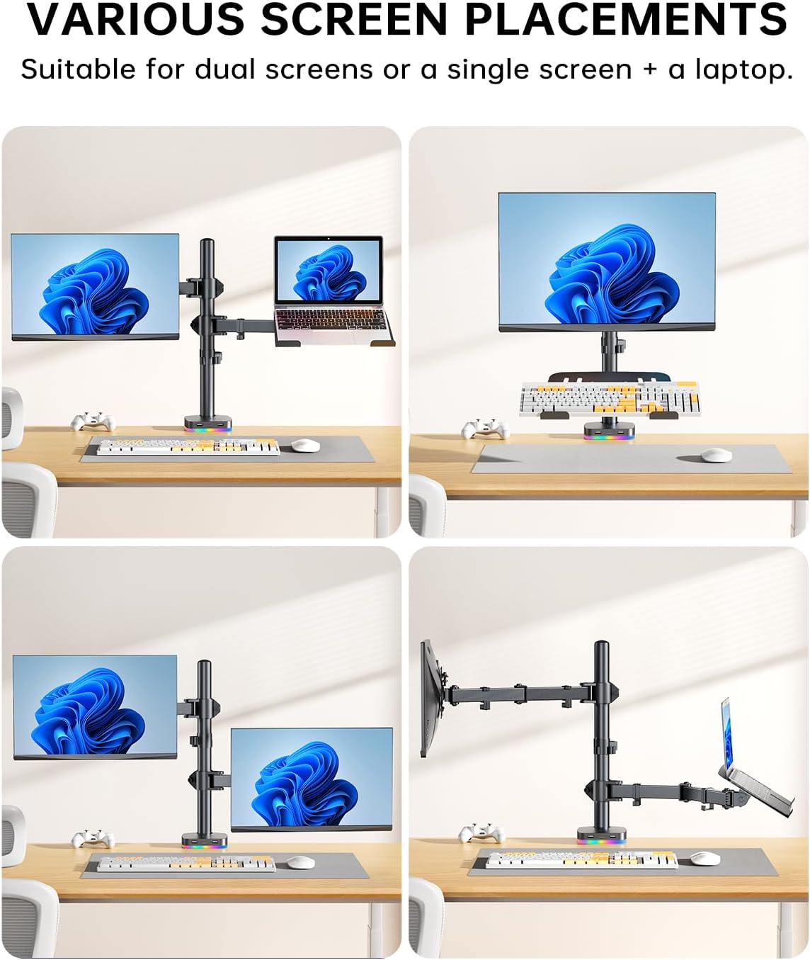 RGB Monitor and Laptop Mount Stand with 3 USB Ports, Charging and USB Data Transfer, Adjustable laptop stand for 13" to 32" Screen and 11"-17” Laptop, Holds 18lbs/Arm, 75x75/100x100 VESA, C-Clamp