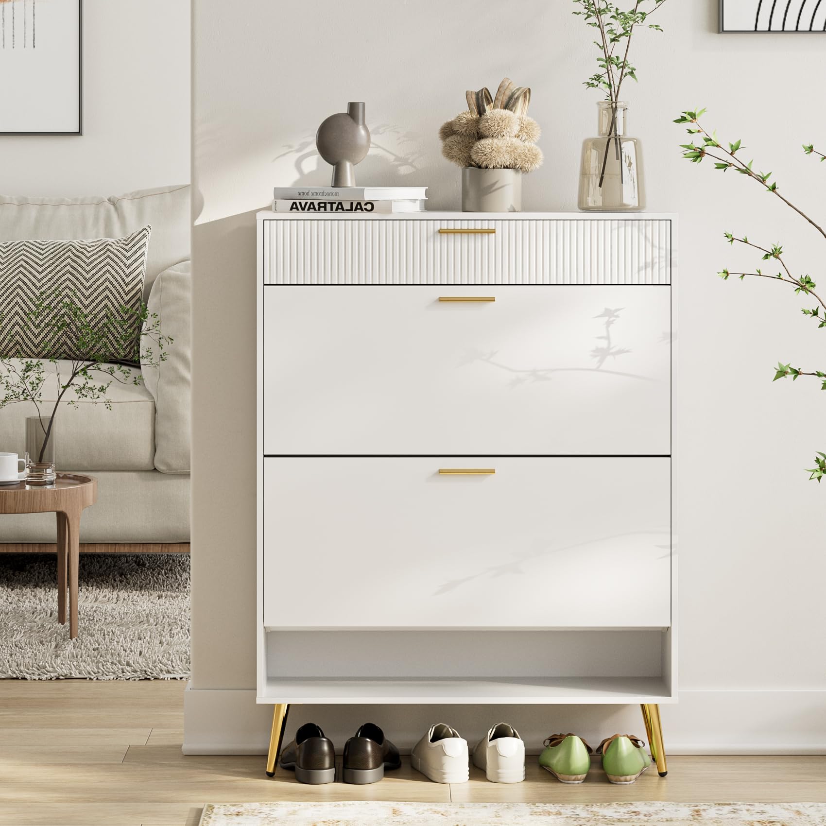 Acodaiuy Shoe Cabinet, Shoe Storage Cabinet with 2 Flip Drawers FreeStanding Shoe Organizer Shoe Storage Cabinet for Entryway,White